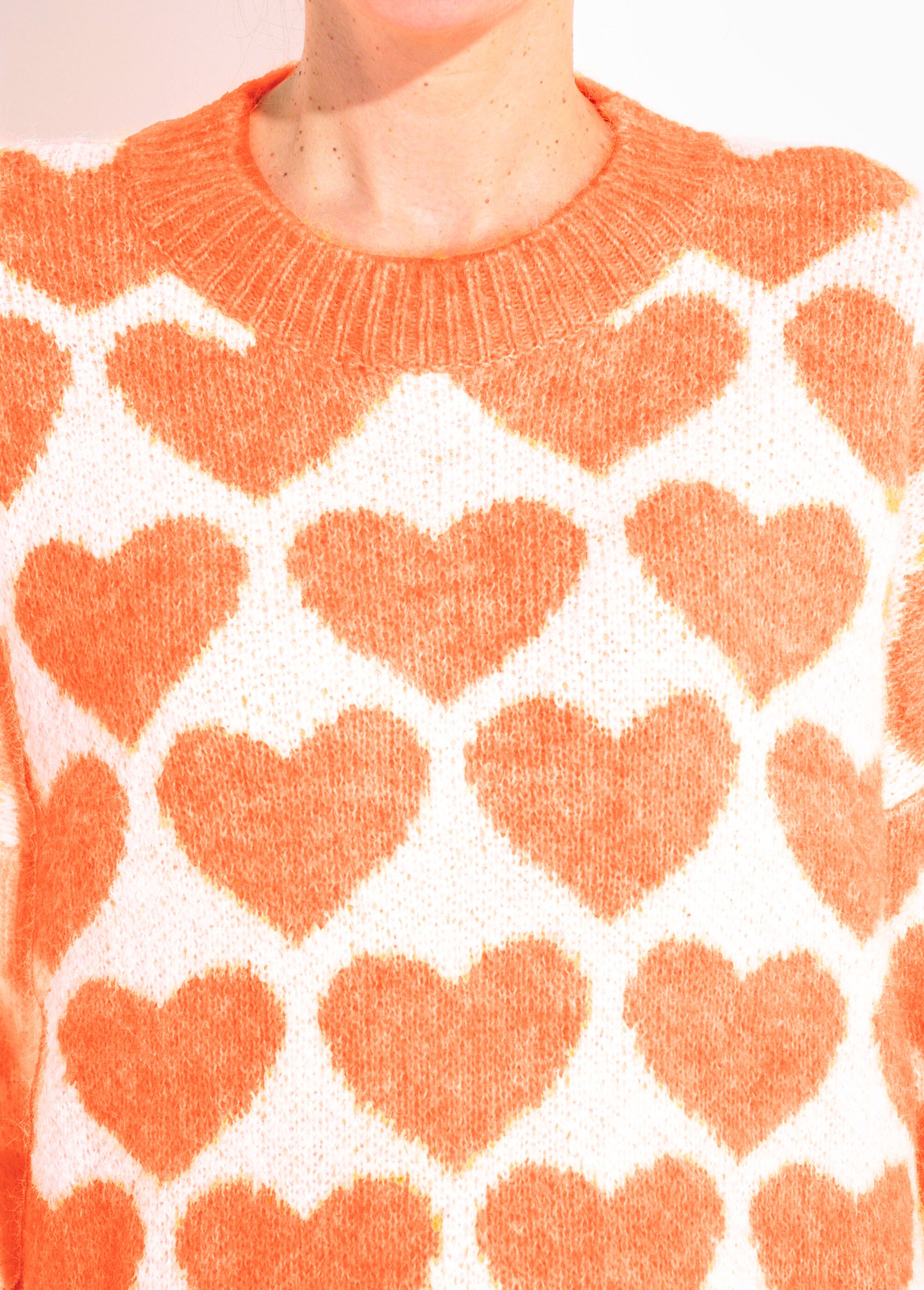Pull chaud maille mousseuse laine cœurs Femme ORANGE VIF JSM-JP-7207 DE1
