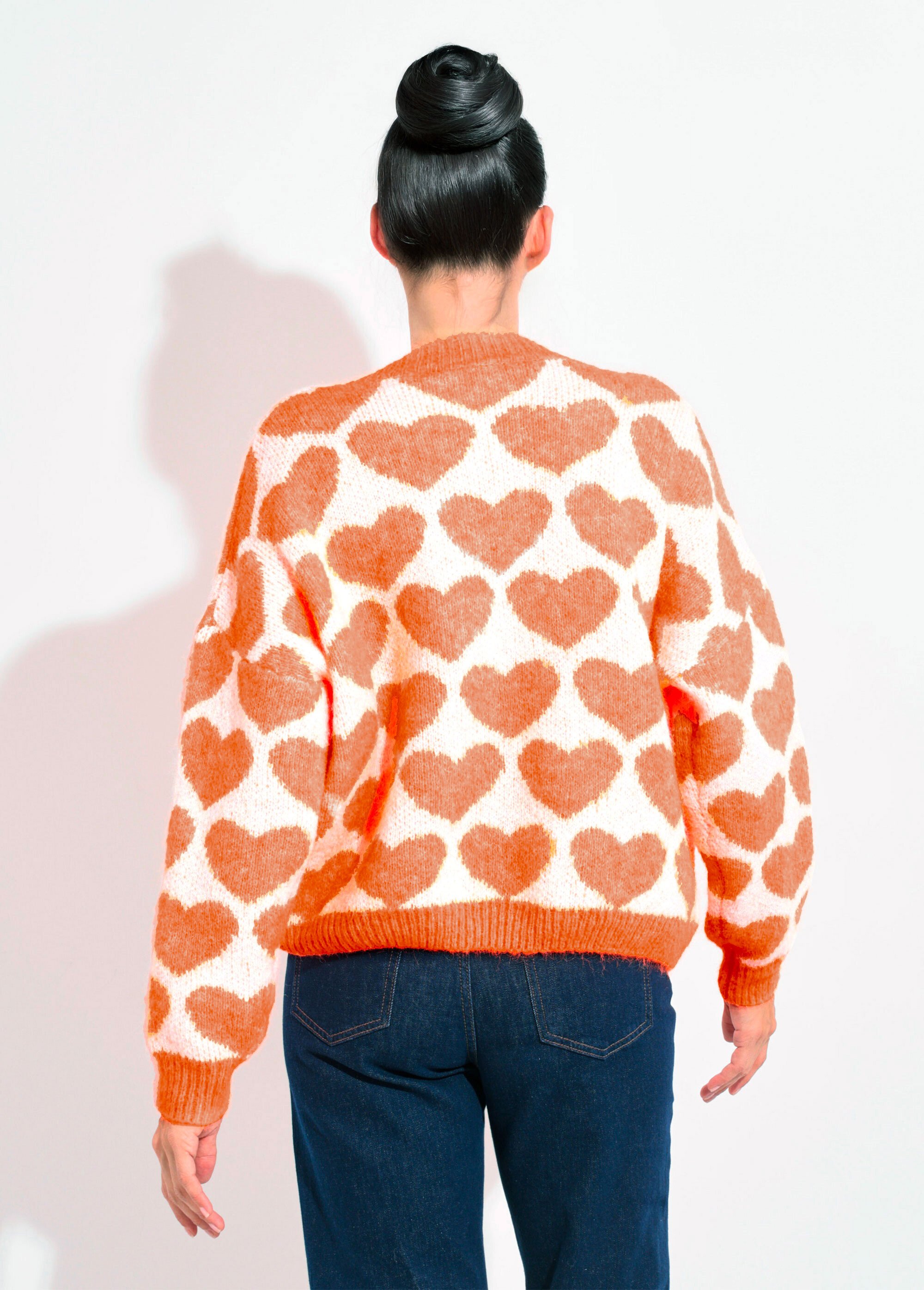 Pull chaud maille mousseuse laine cœurs Femme ORANGE VIF JSM-JP-7207 DO1