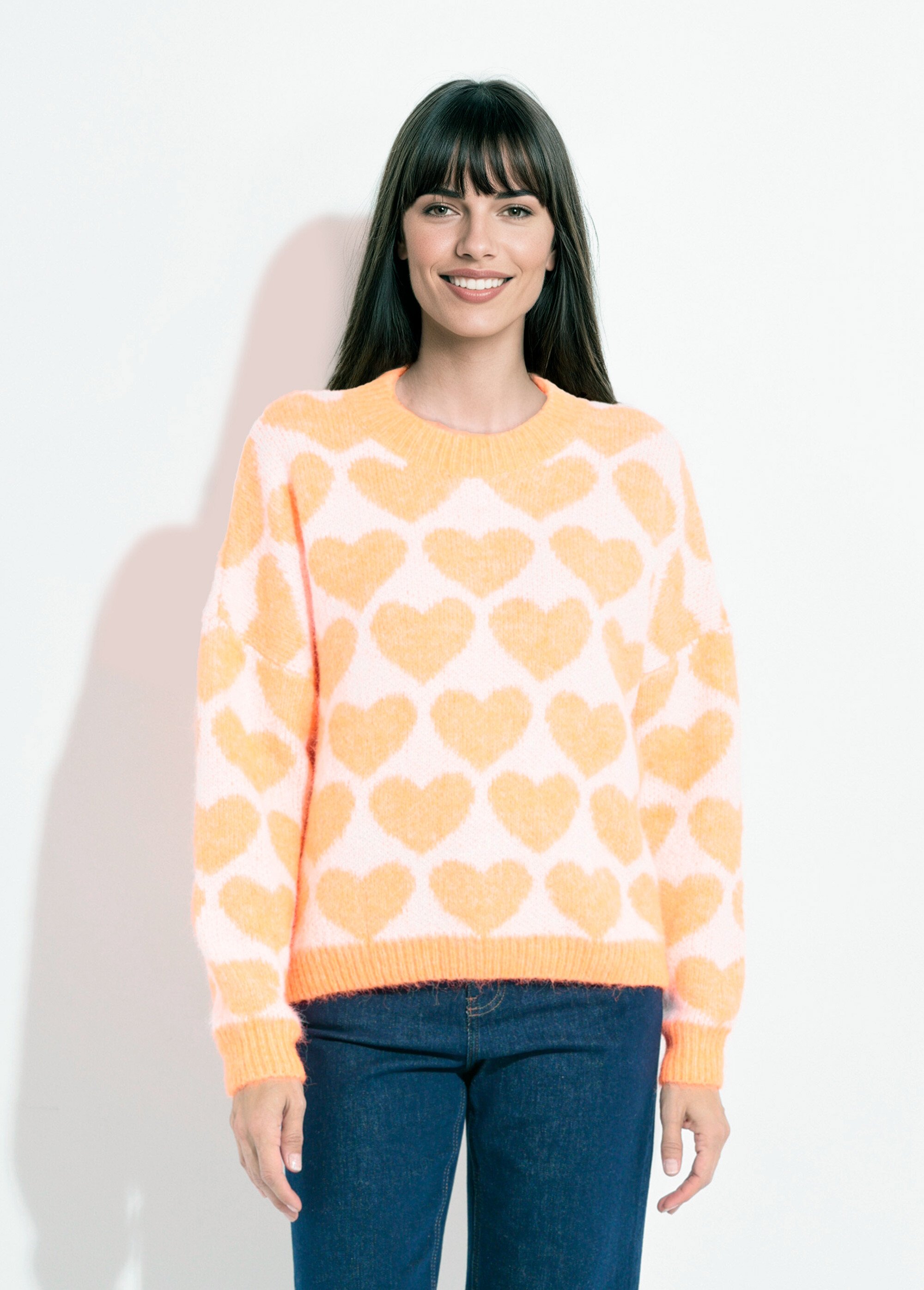 Pull chaud maille mousseuse laine cœurs Femme ORANGE VIF JSM-JP-7207 FA1