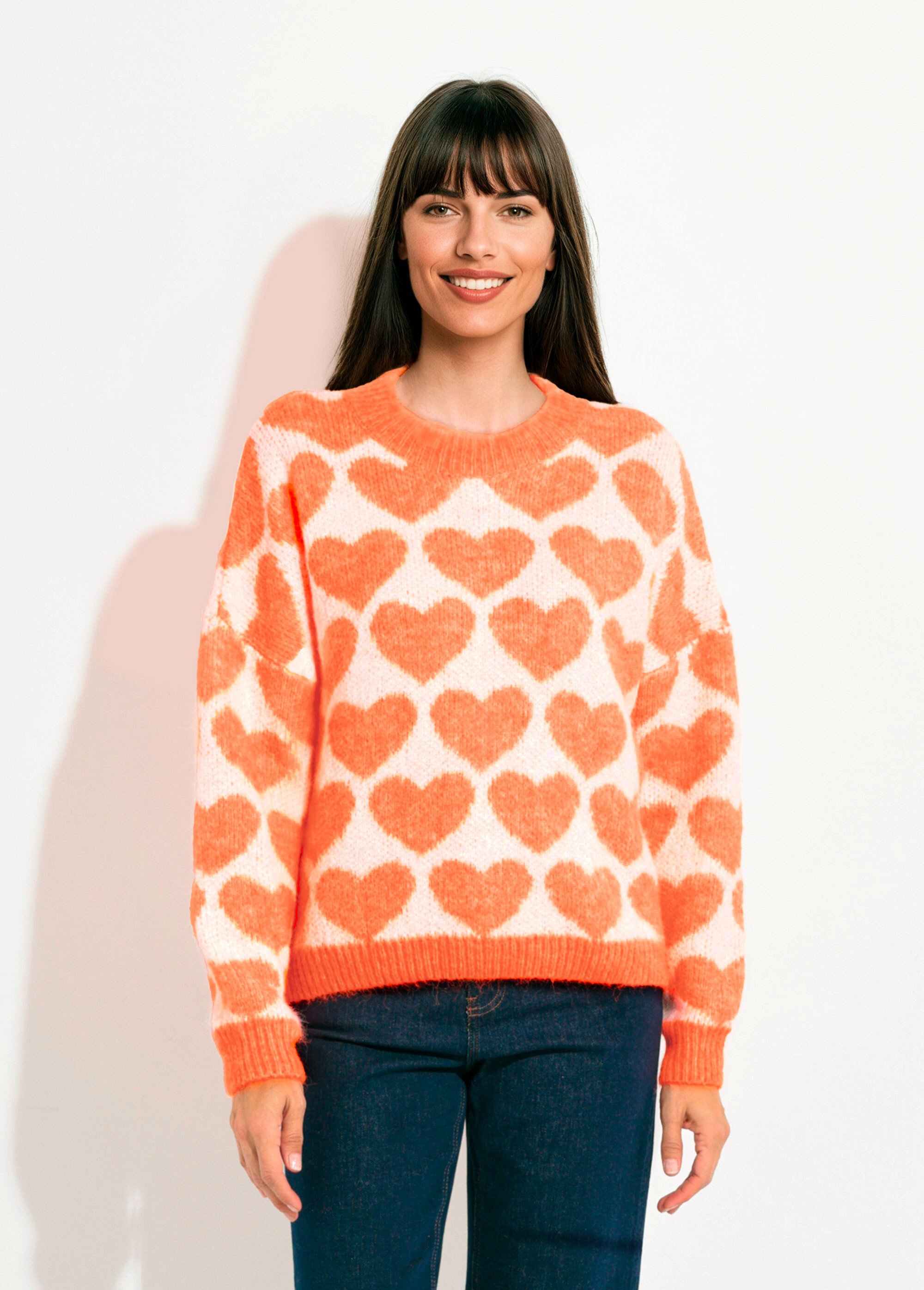 Pull chaud maille mousseuse laine cœurs Femme ORANGE VIF JSM-JP-7207 FA1