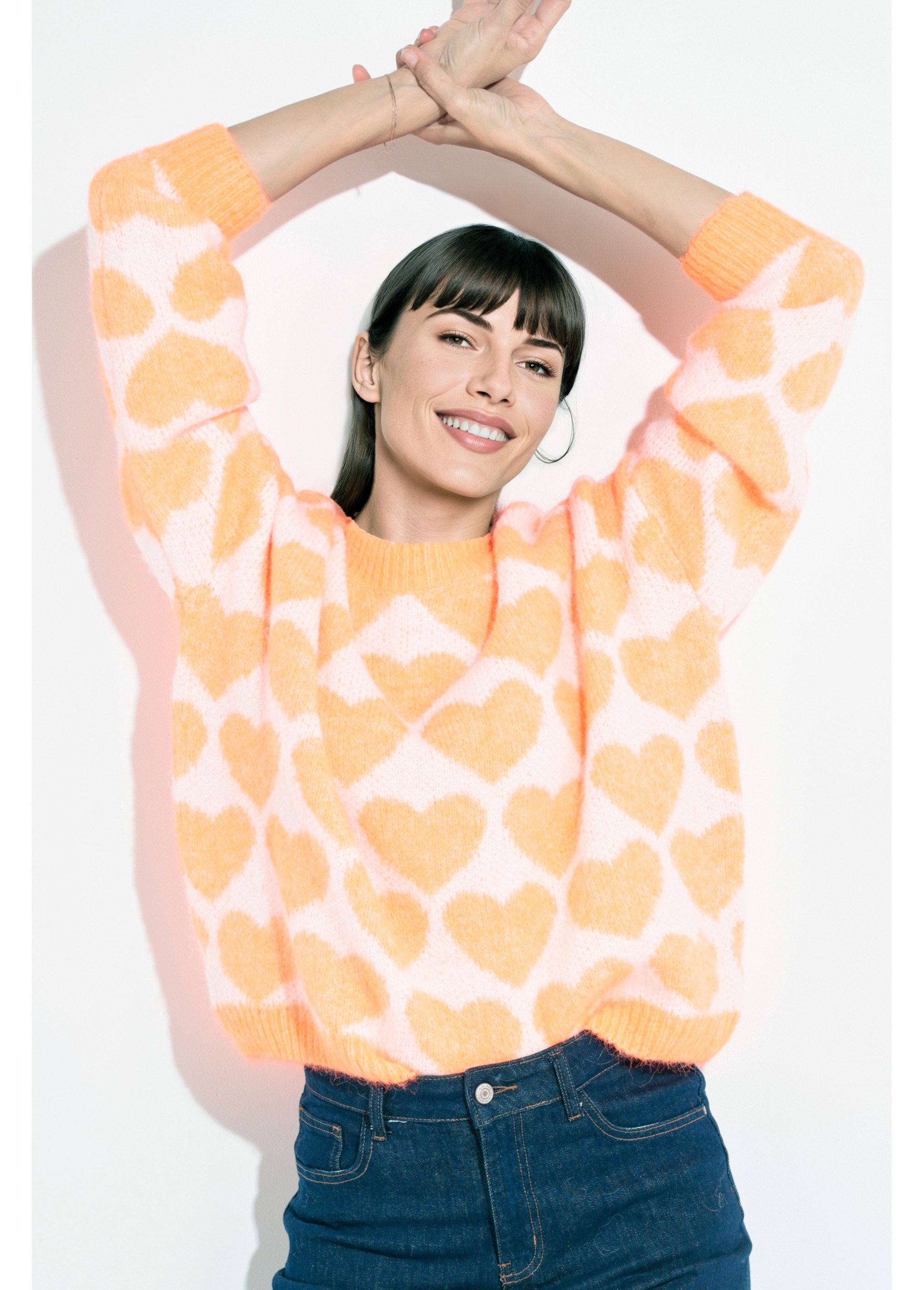 Pull chaud maille mousseuse laine cœurs Femme ORANGE VIF JSM-JP-7207 MV1