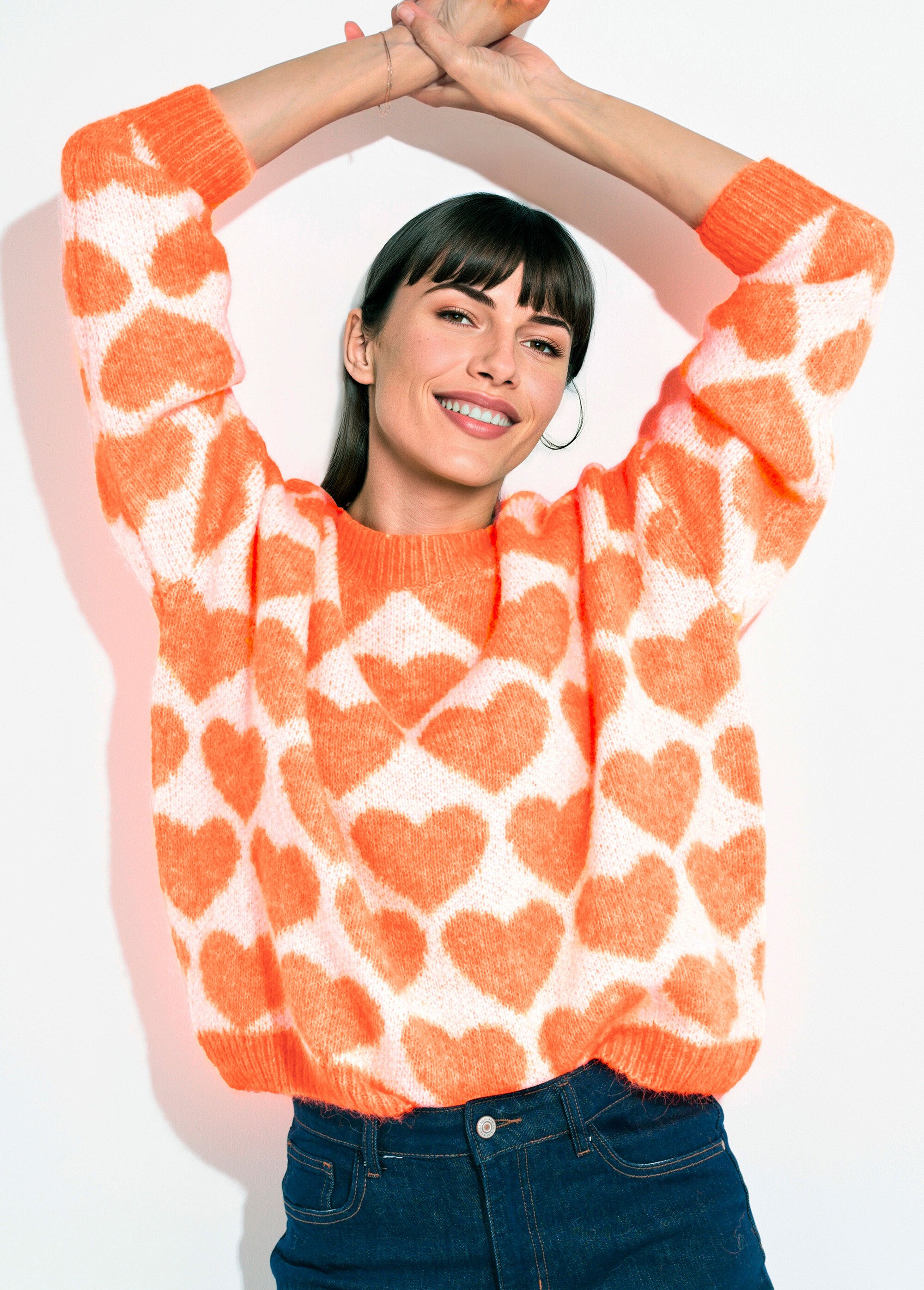 Pull chaud maille mousseuse laine cœurs Femme ORANGE VIF JSM-JP-7207 MV1
