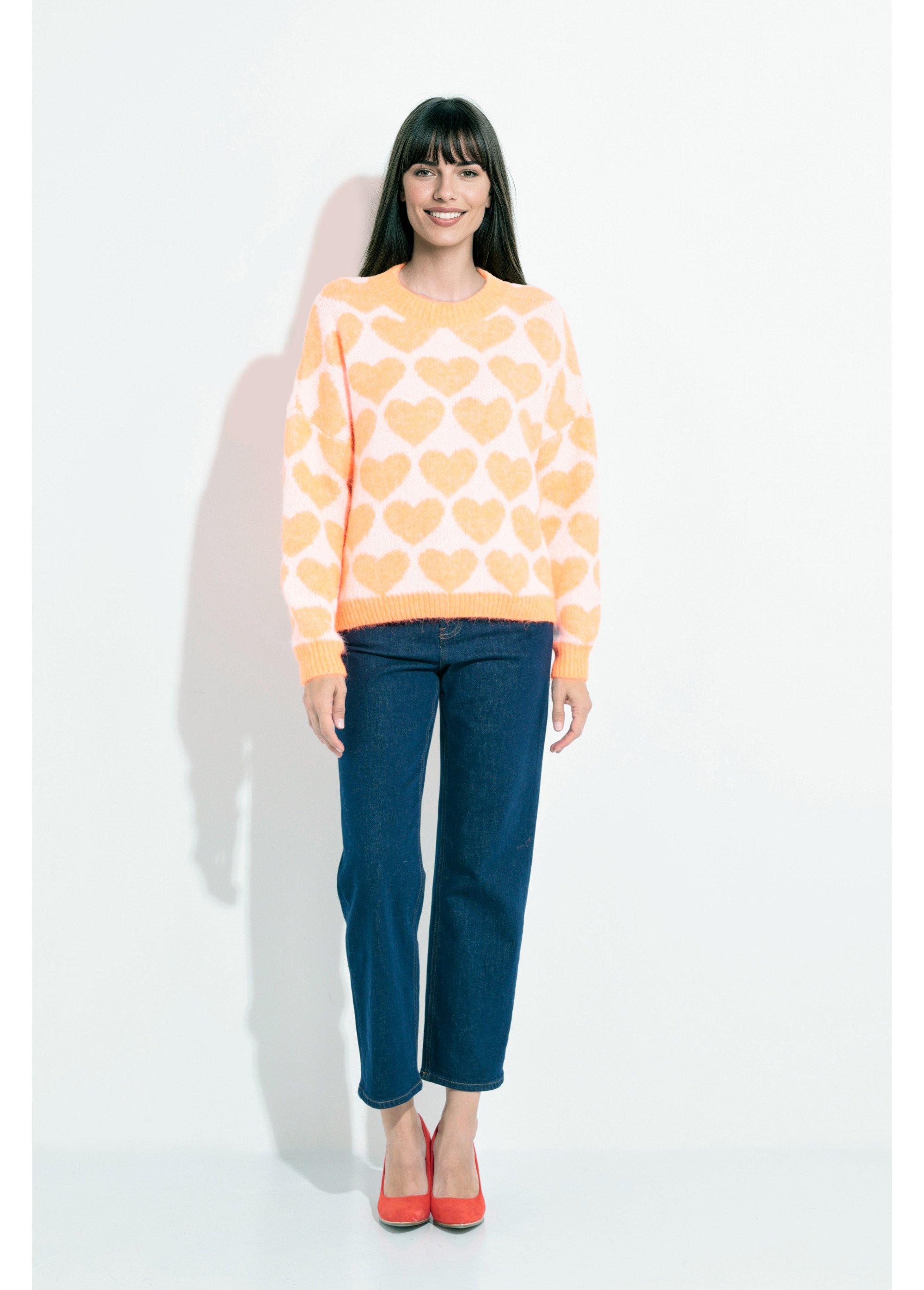 Pull chaud maille mousseuse laine cœurs Femme ORANGE VIF JSM-JP-7207 SF1