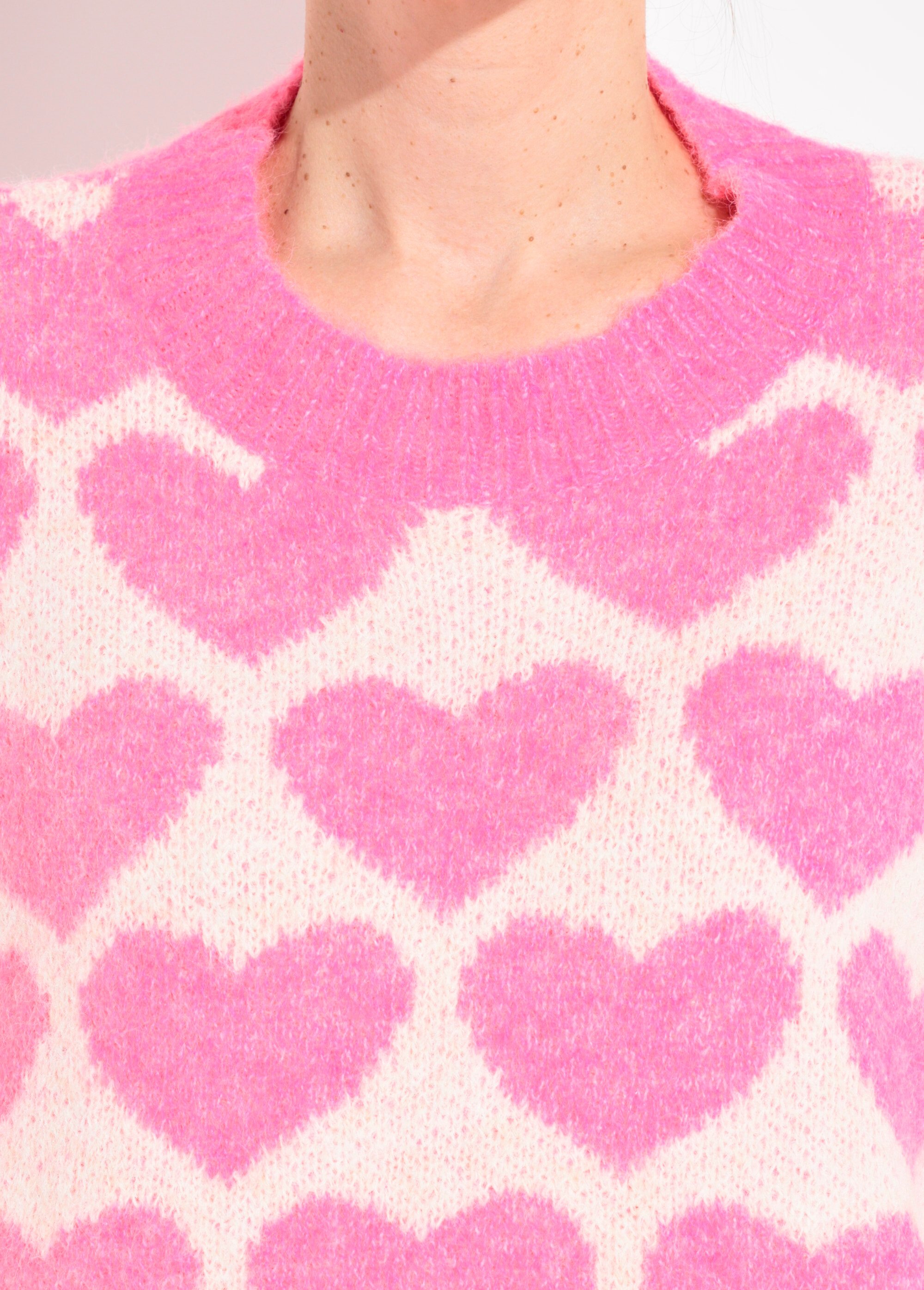 Pull chaud maille mousseuse laine cœurs Femme ROSE VIF JSM-JP-7207 DE1