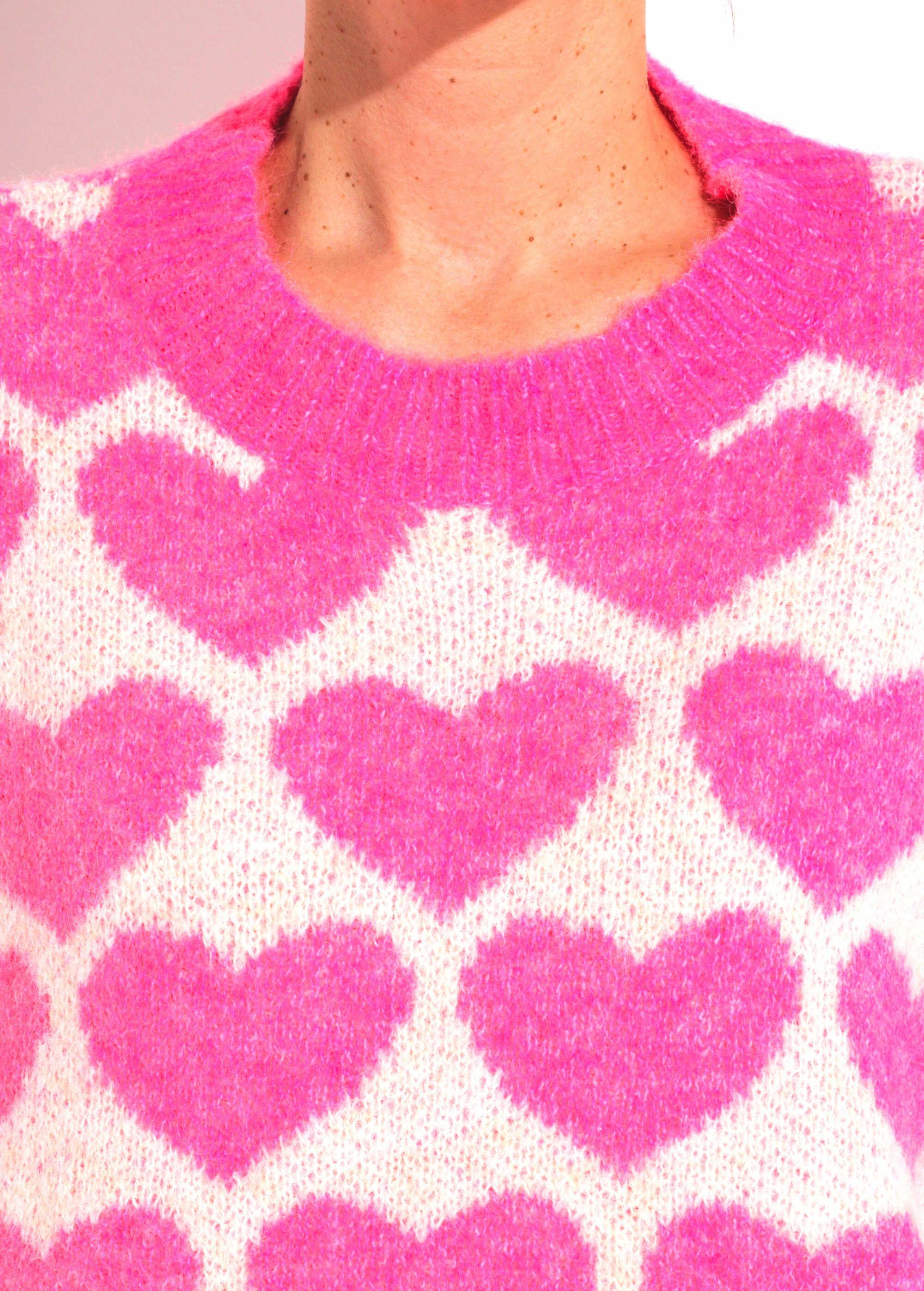 Pull chaud maille mousseuse laine cœurs Femme ROSE VIF JSM-JP-7207 DE1