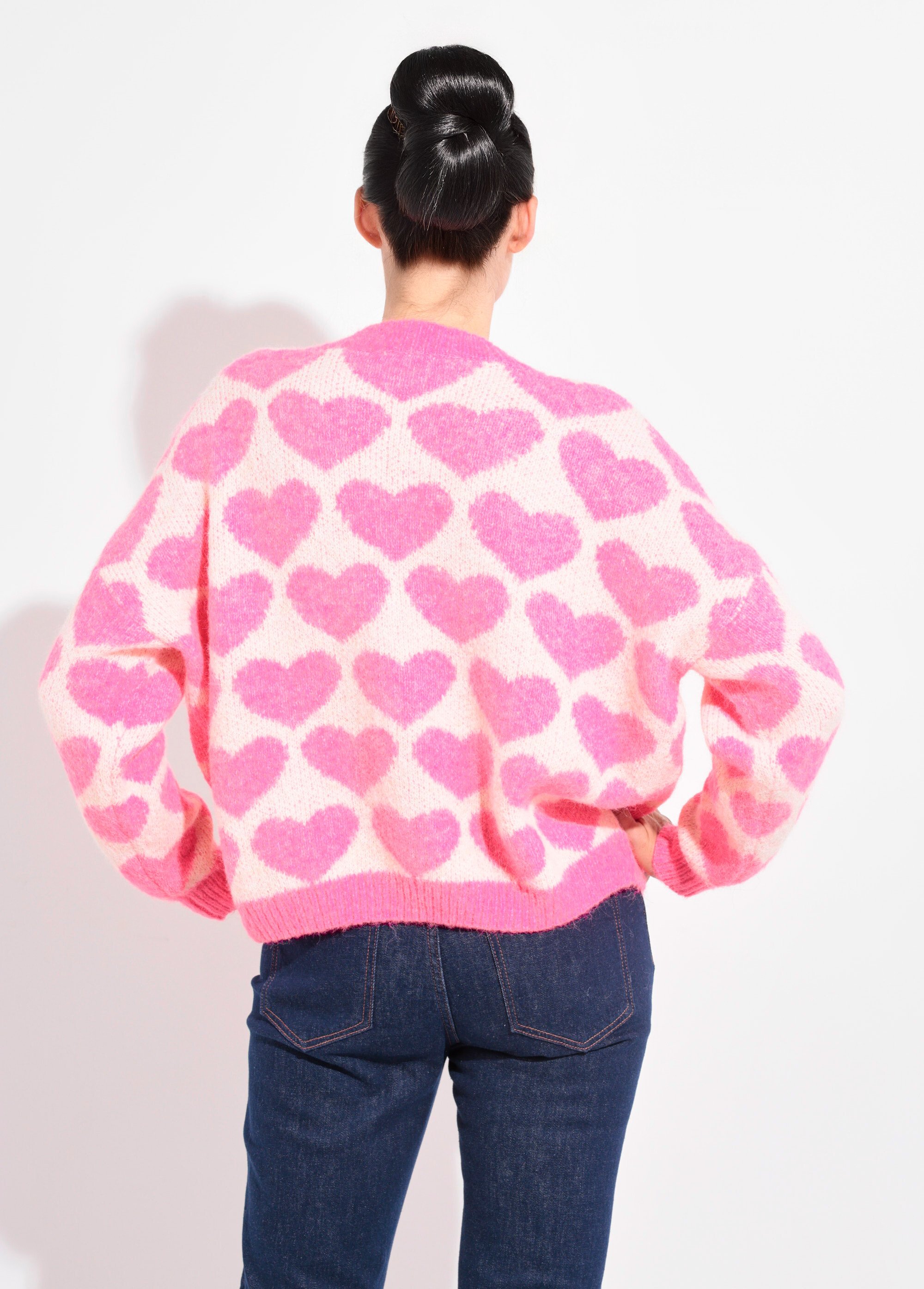 Pull chaud maille mousseuse laine cœurs Femme ROSE VIF JSM-JP-7207 DO1