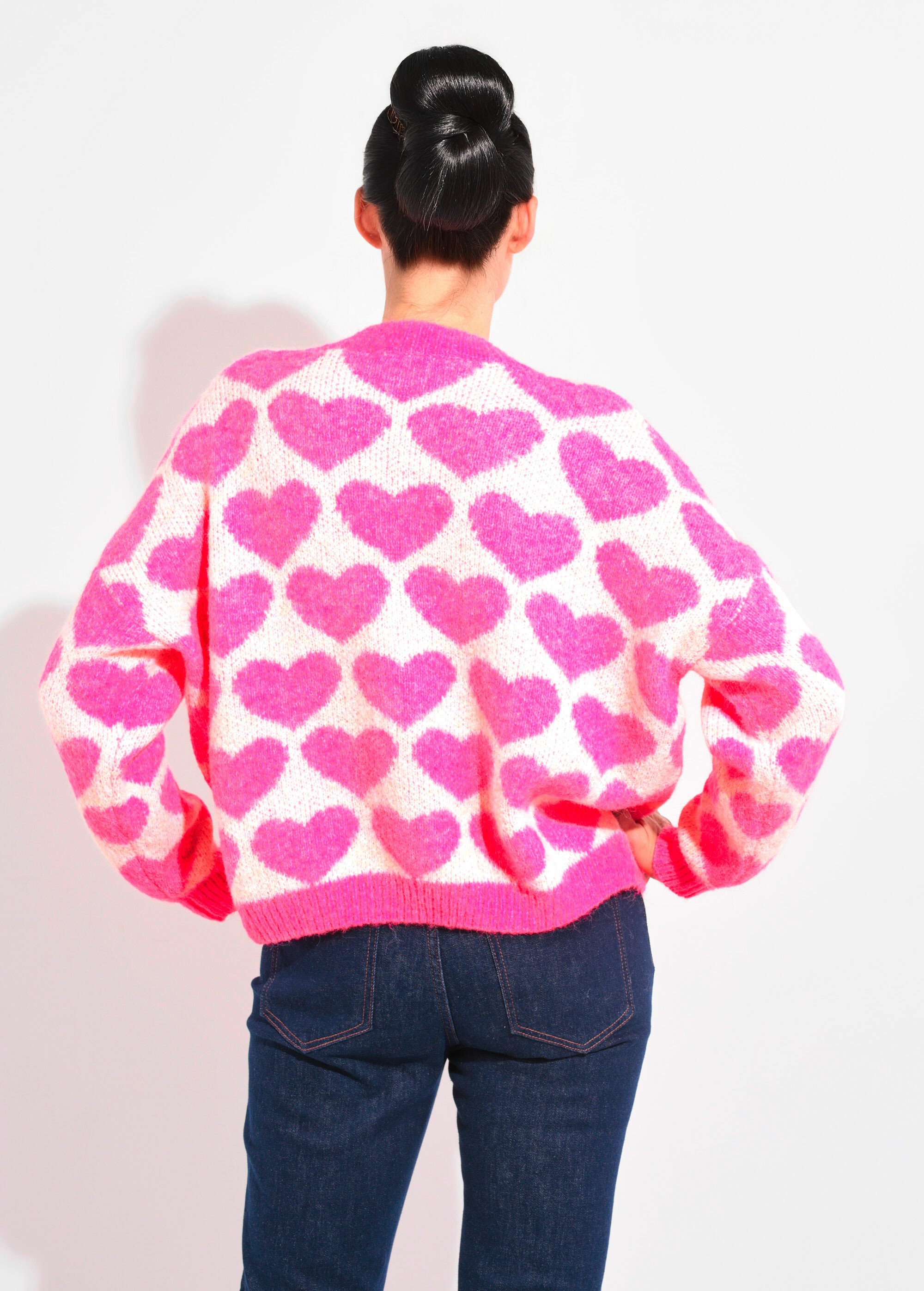 Pull chaud maille mousseuse laine cœurs Femme ROSE VIF JSM-JP-7207 DO1