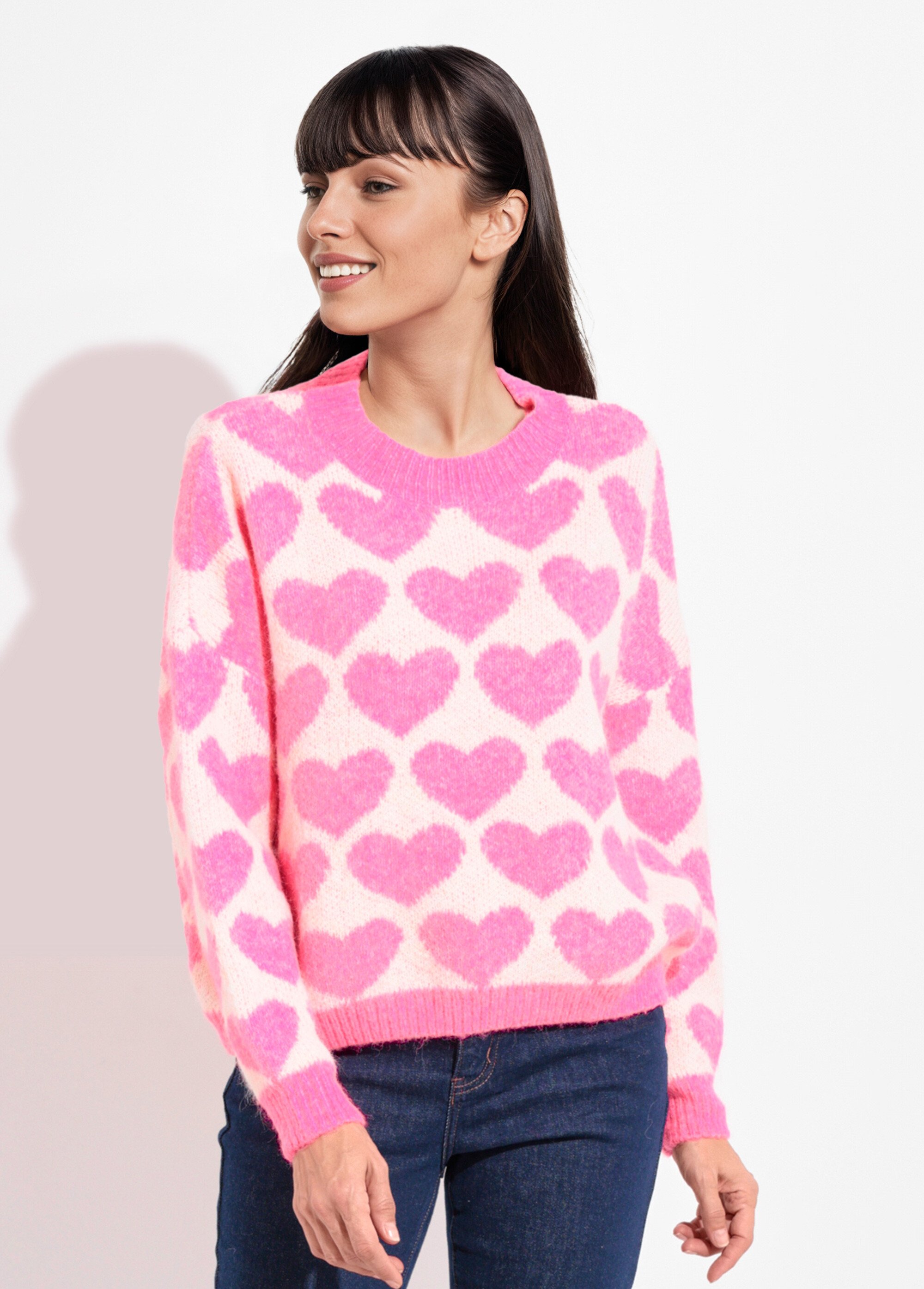 Pull chaud maille mousseuse laine cœurs Femme ROSE VIF JSM-JP-7207 FA1