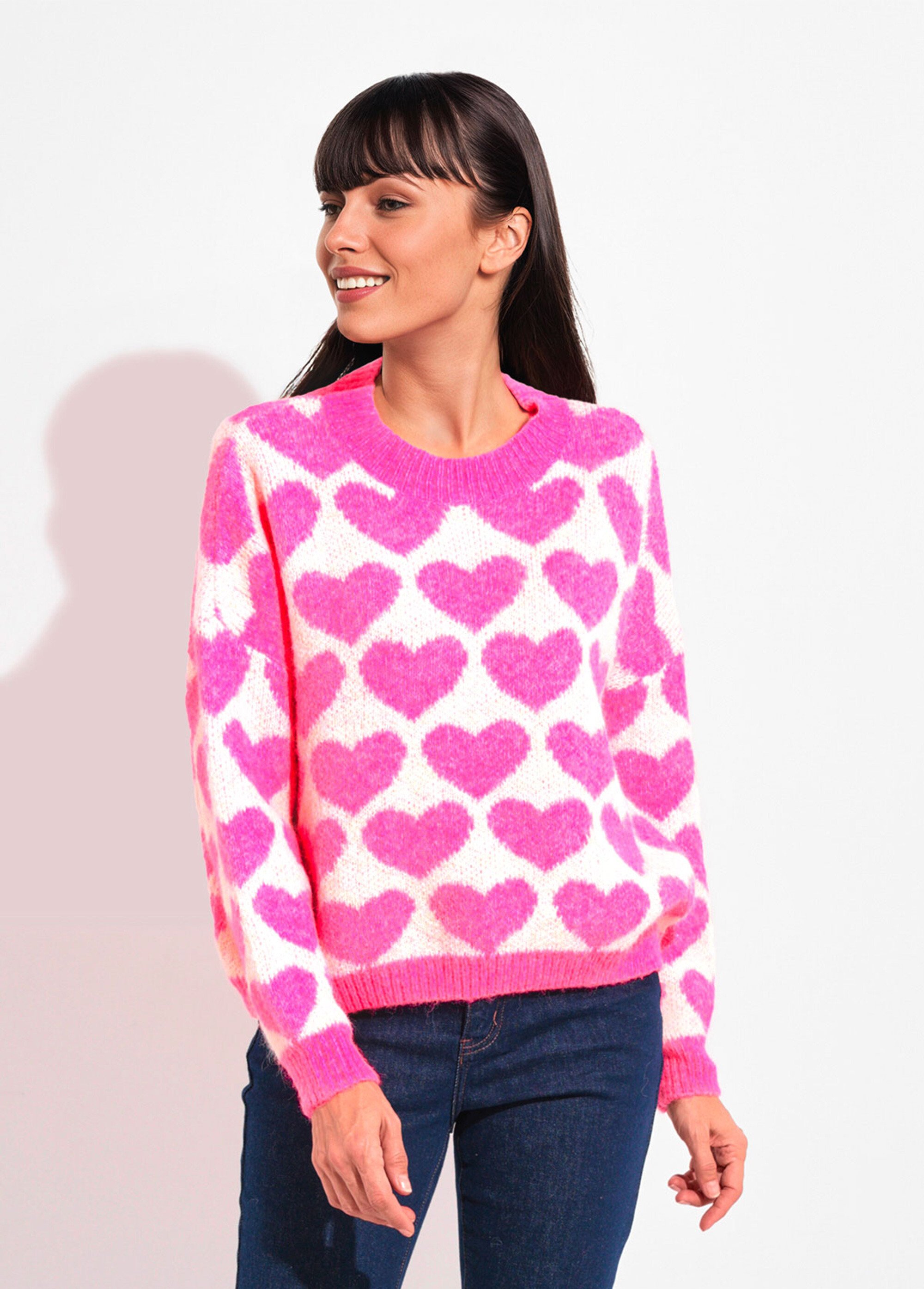 Pull chaud maille mousseuse laine cœurs Femme ROSE VIF JSM-JP-7207 FA1