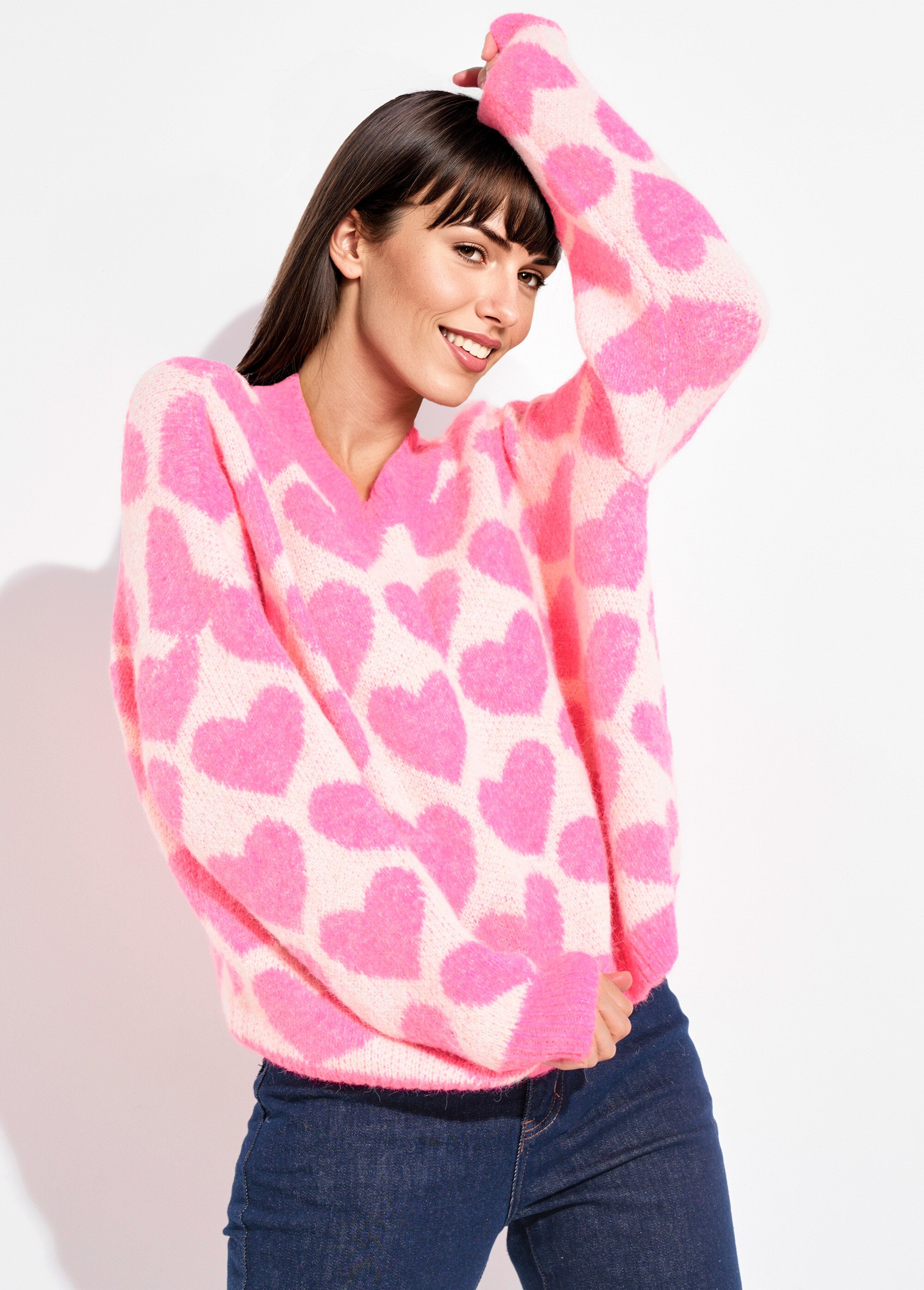 Pull chaud maille mousseuse laine cœurs Femme ROSE VIF JSM-JP-7207 MV1