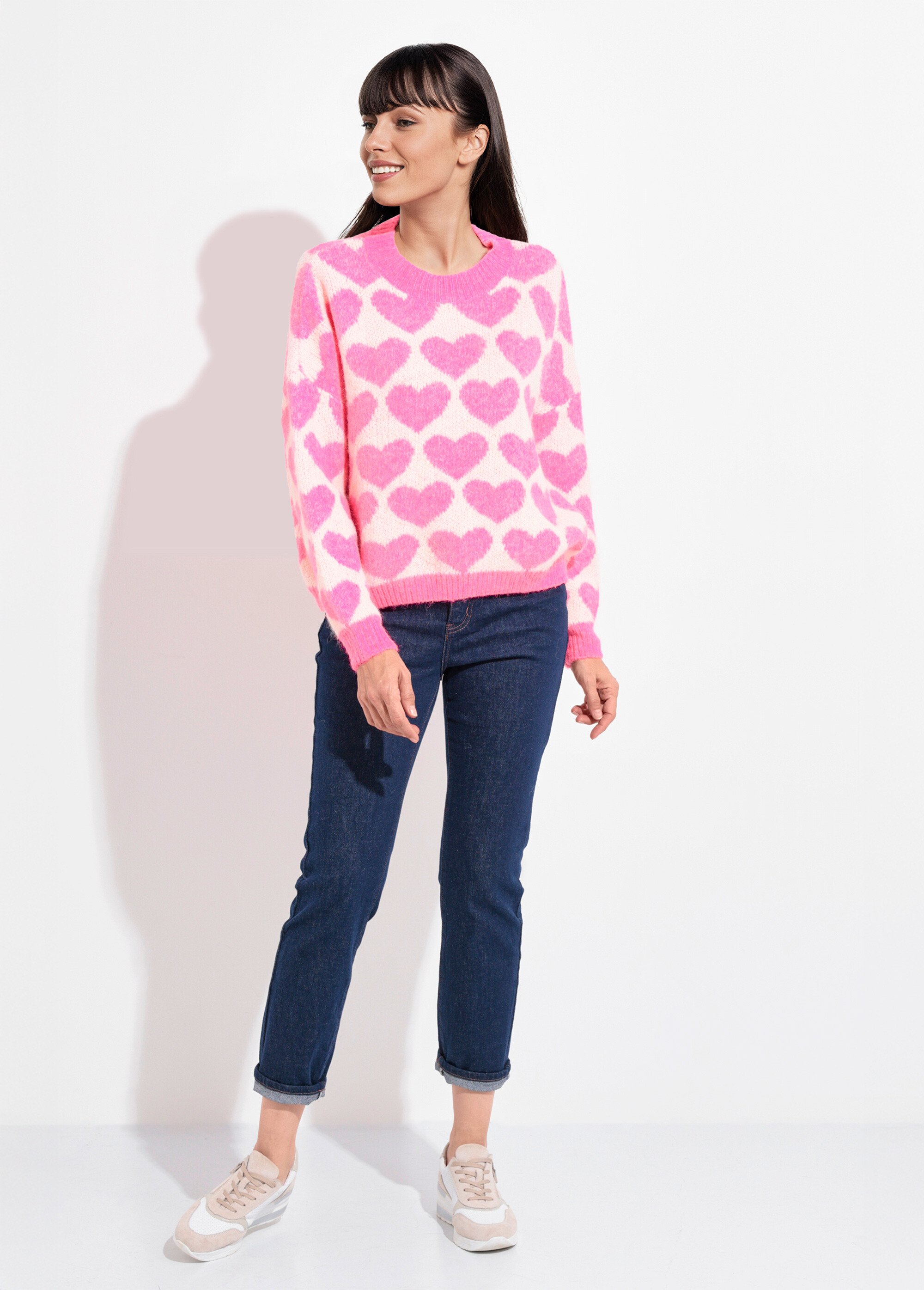Pull chaud maille mousseuse laine cœurs Femme ROSE VIF JSM-JP-7207 SF1
