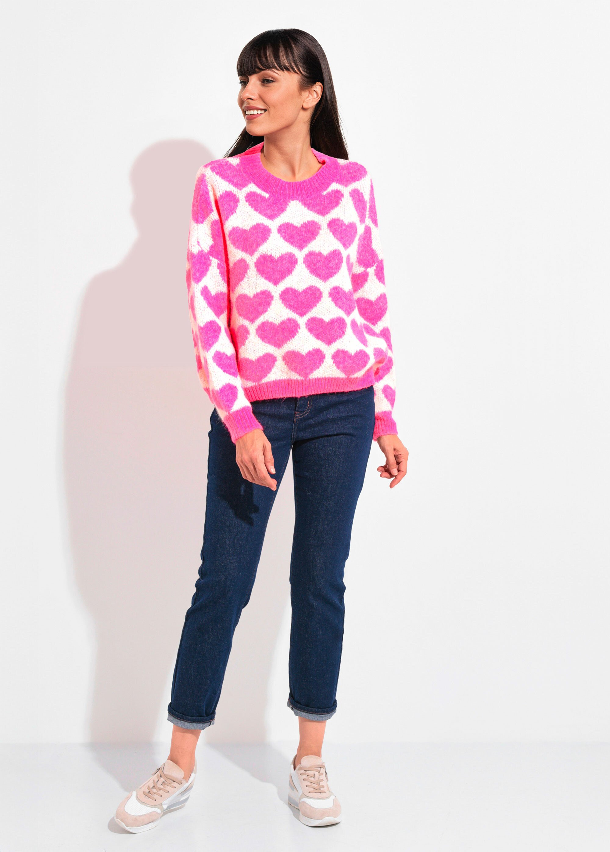 Pull chaud maille mousseuse laine cœurs Femme ROSE VIF JSM-JP-7207 SF1