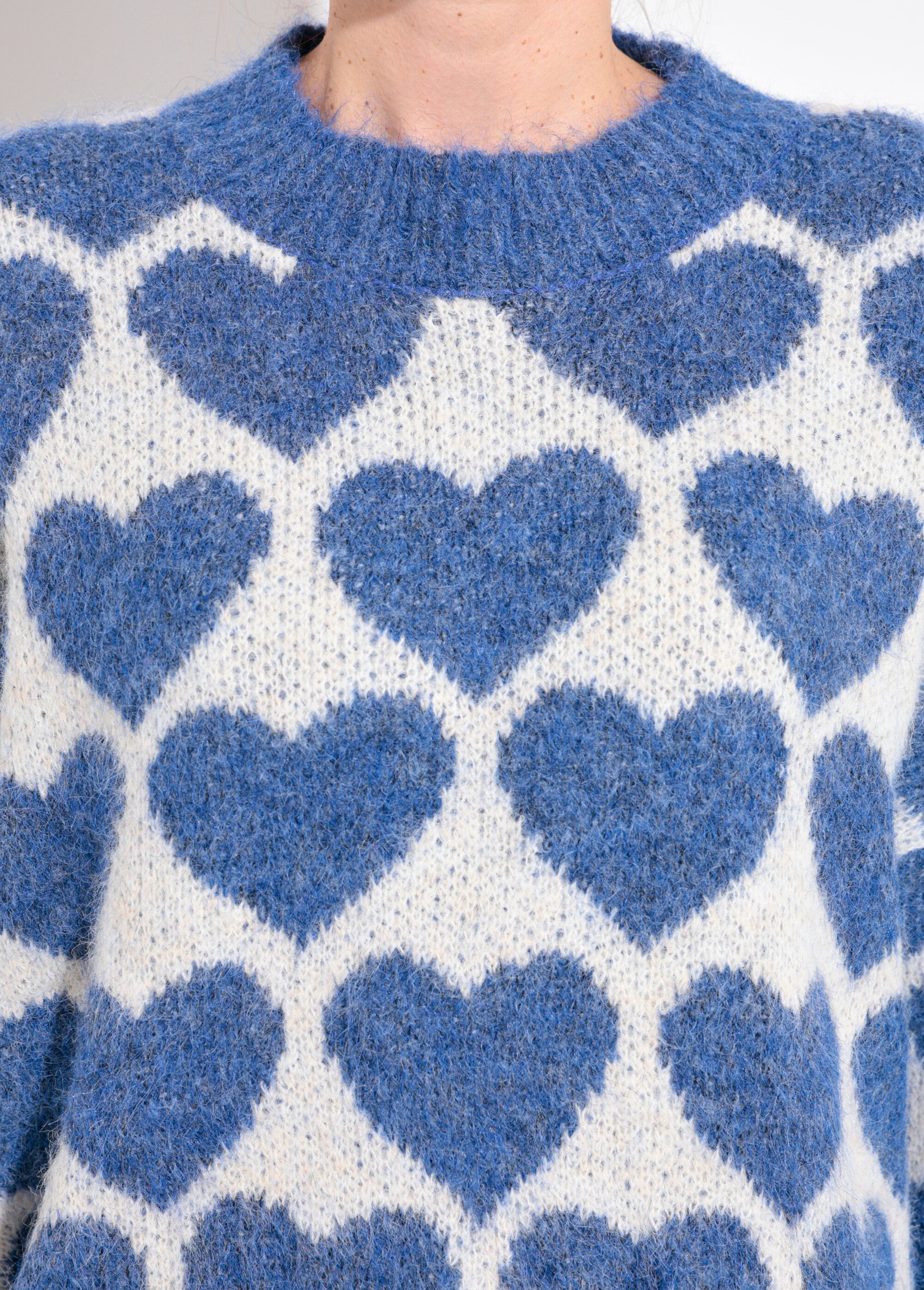 Pull chaud maille mousseuse laine cœurs Femme BLEU DENIM JSM-JP-7207 DE1