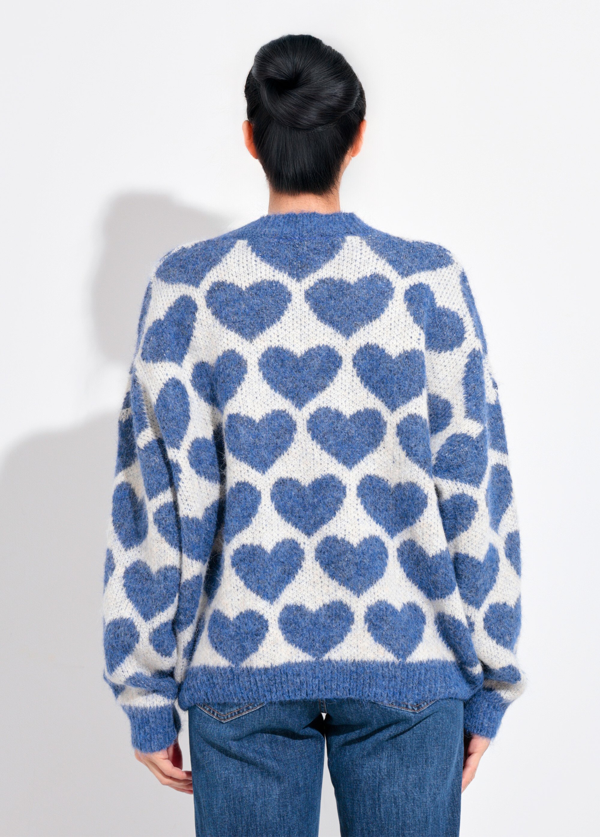 Pull chaud maille mousseuse laine cœurs Femme BLEU DENIM JSM-JP-7207 DO1