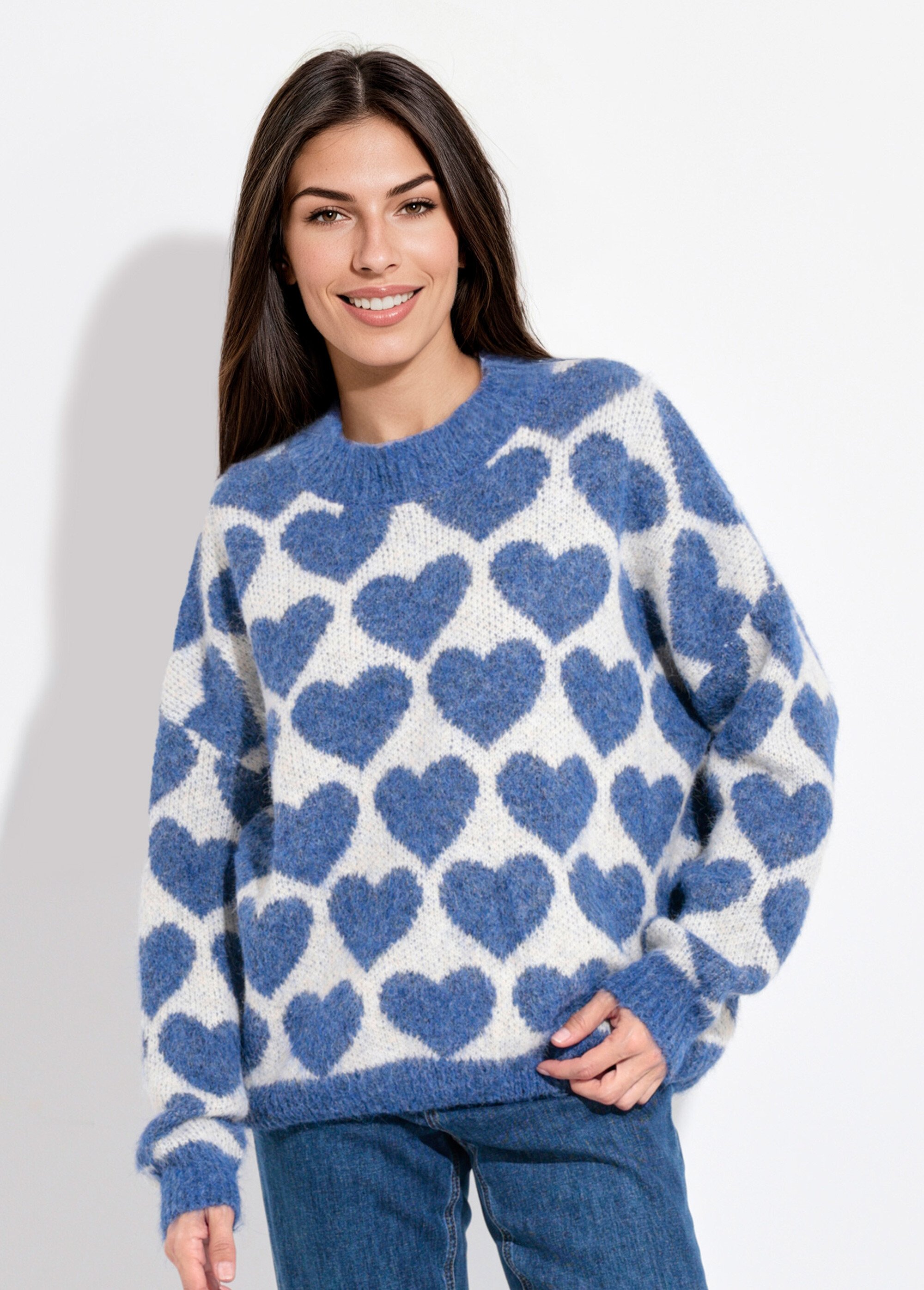 Pull chaud maille mousseuse laine cœurs Femme BLEU DENIM JSM-JP-7207 FA1