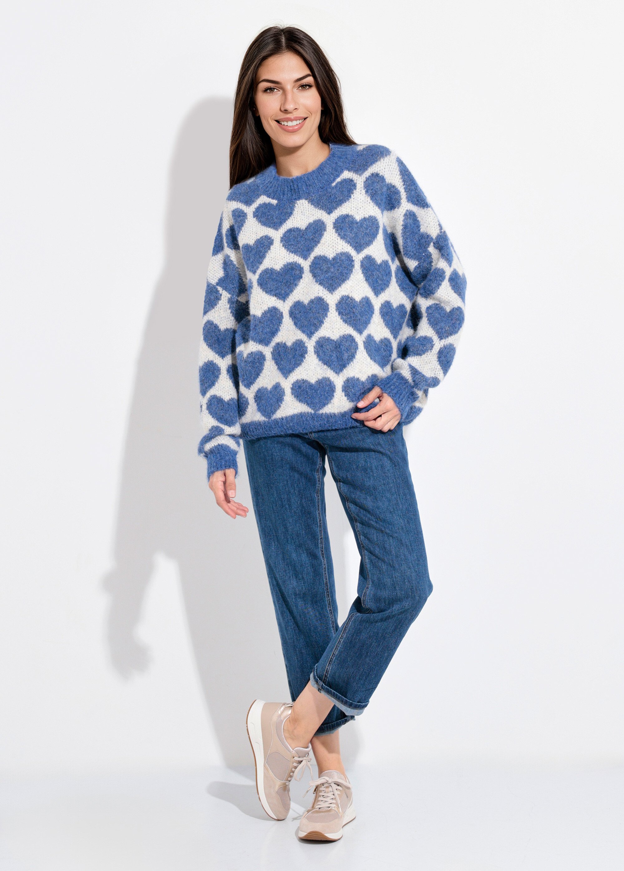 Pull chaud maille mousseuse laine cœurs Femme BLEU DENIM JSM-JP-7207 SF1