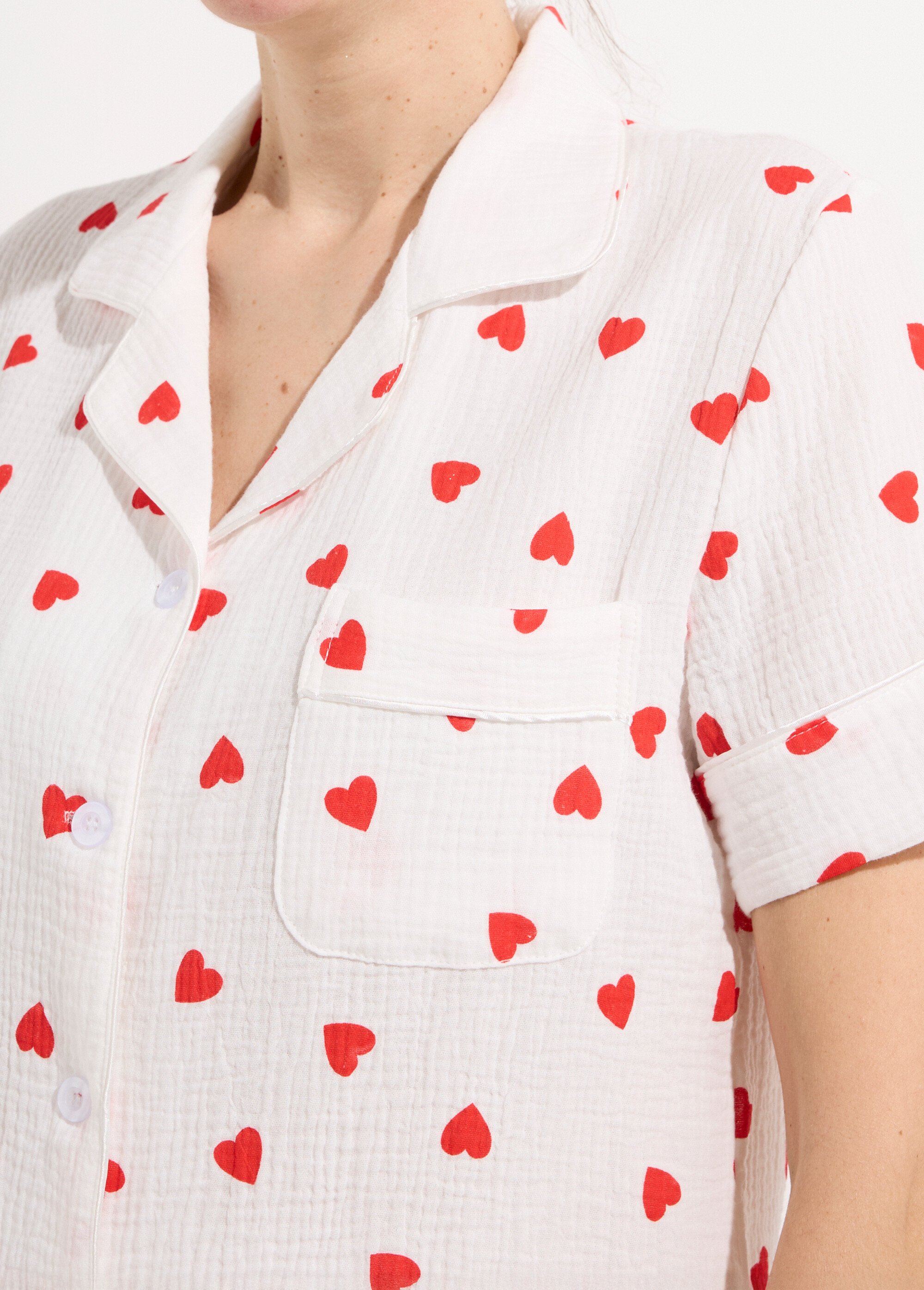 Pyjama short gaze de coton et cœurs Femme Blanc H-NT189 DE1