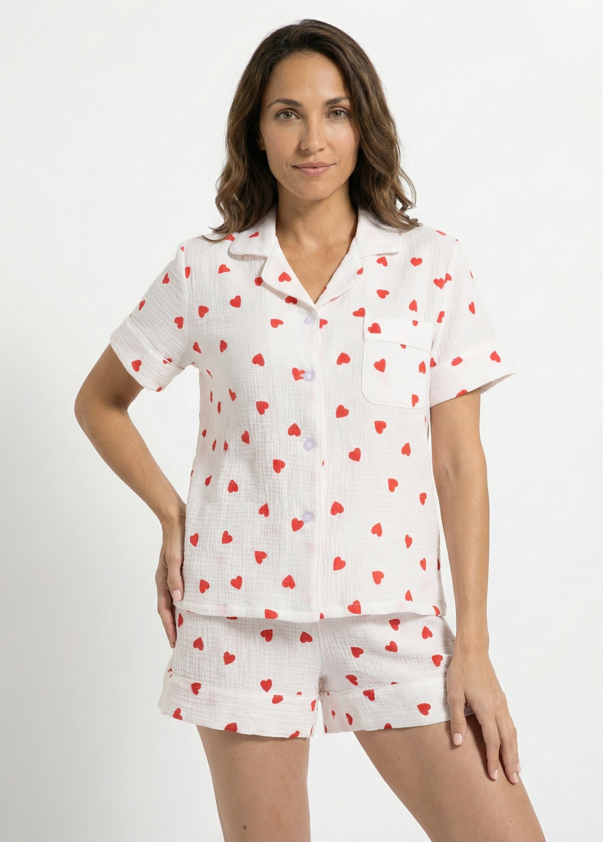 Pyjama short gaze de coton et cœurs Femme Blanc H-NT189 FA1