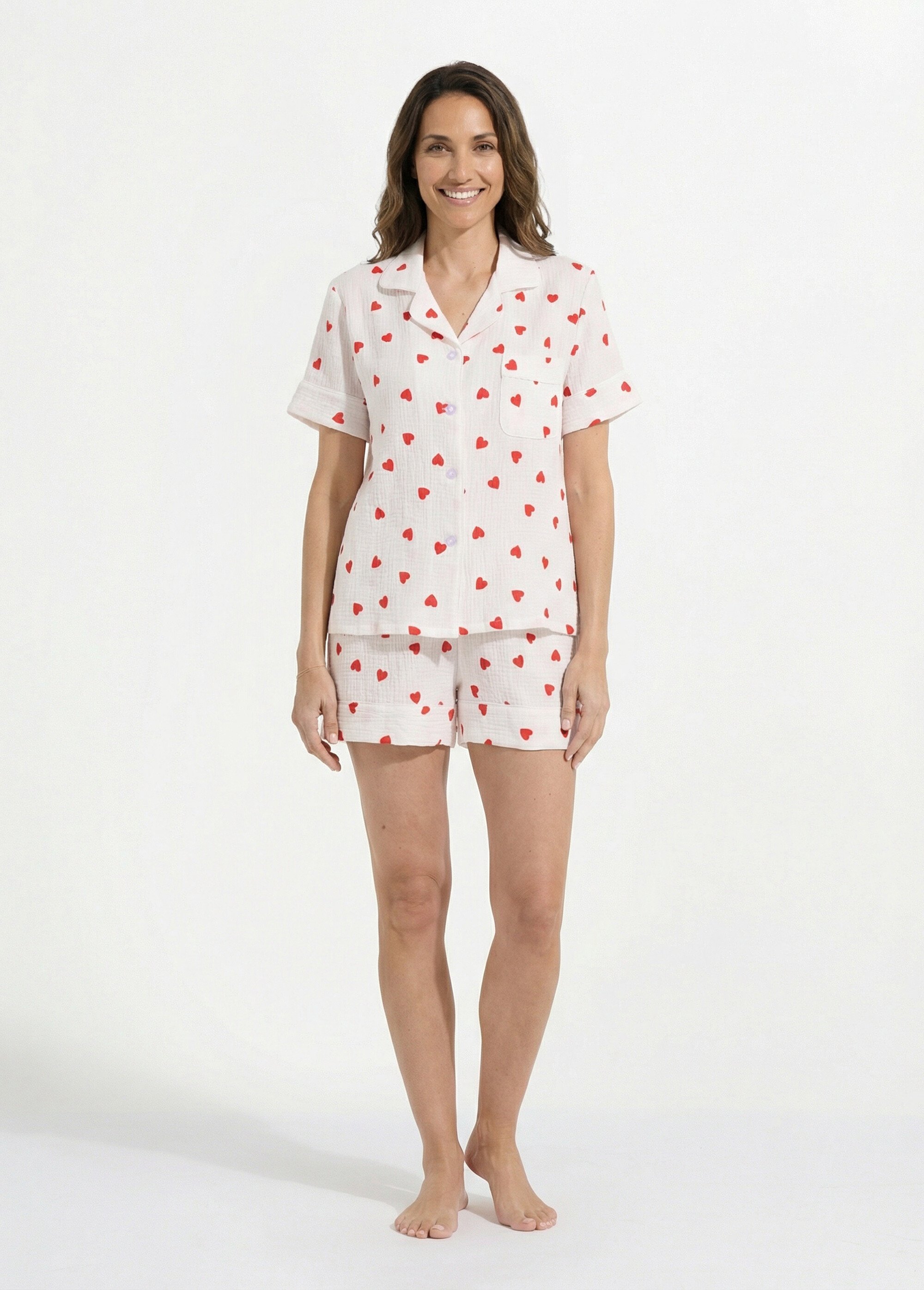 Pyjama short gaze de coton et cœurs Femme Blanc H-NT189 SF1