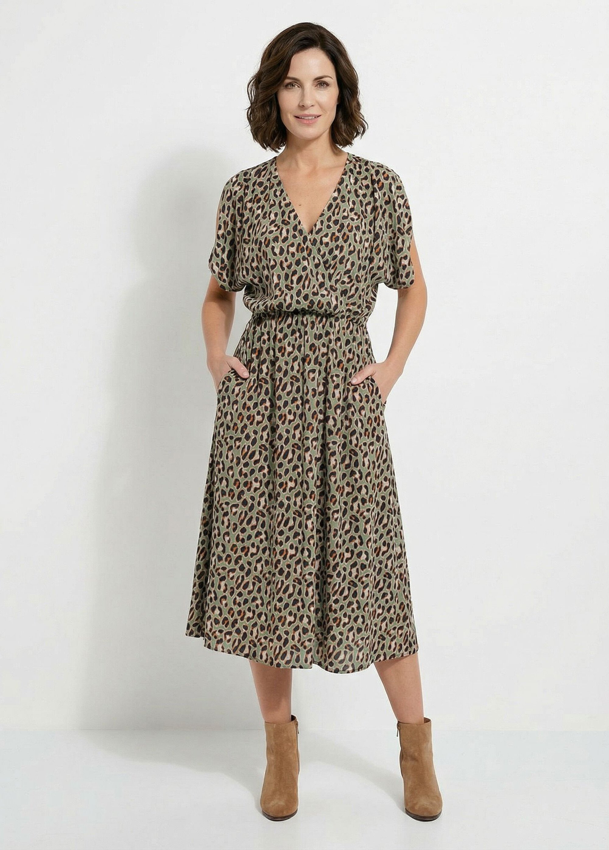 Robe longue cache-coeur motif léopard Femme KAKI ET NOIR ELARA FA1