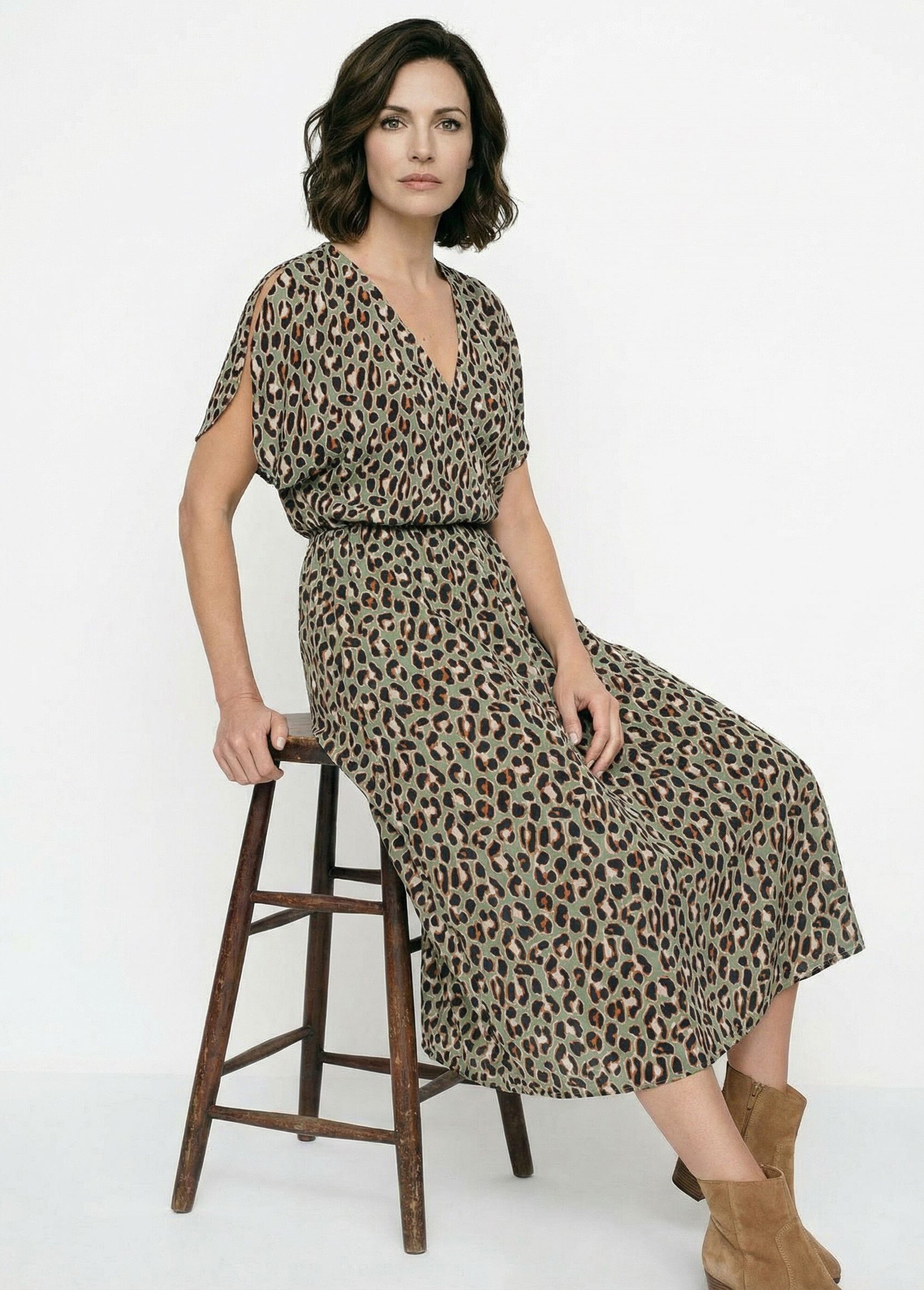 Robe longue cache-coeur motif léopard Femme KAKI ET NOIR ELARA MV1