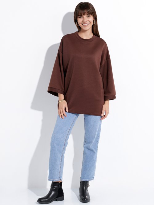 Sweat shirt large col rond, manches 3/4 Marron MQ-M9071 SF1