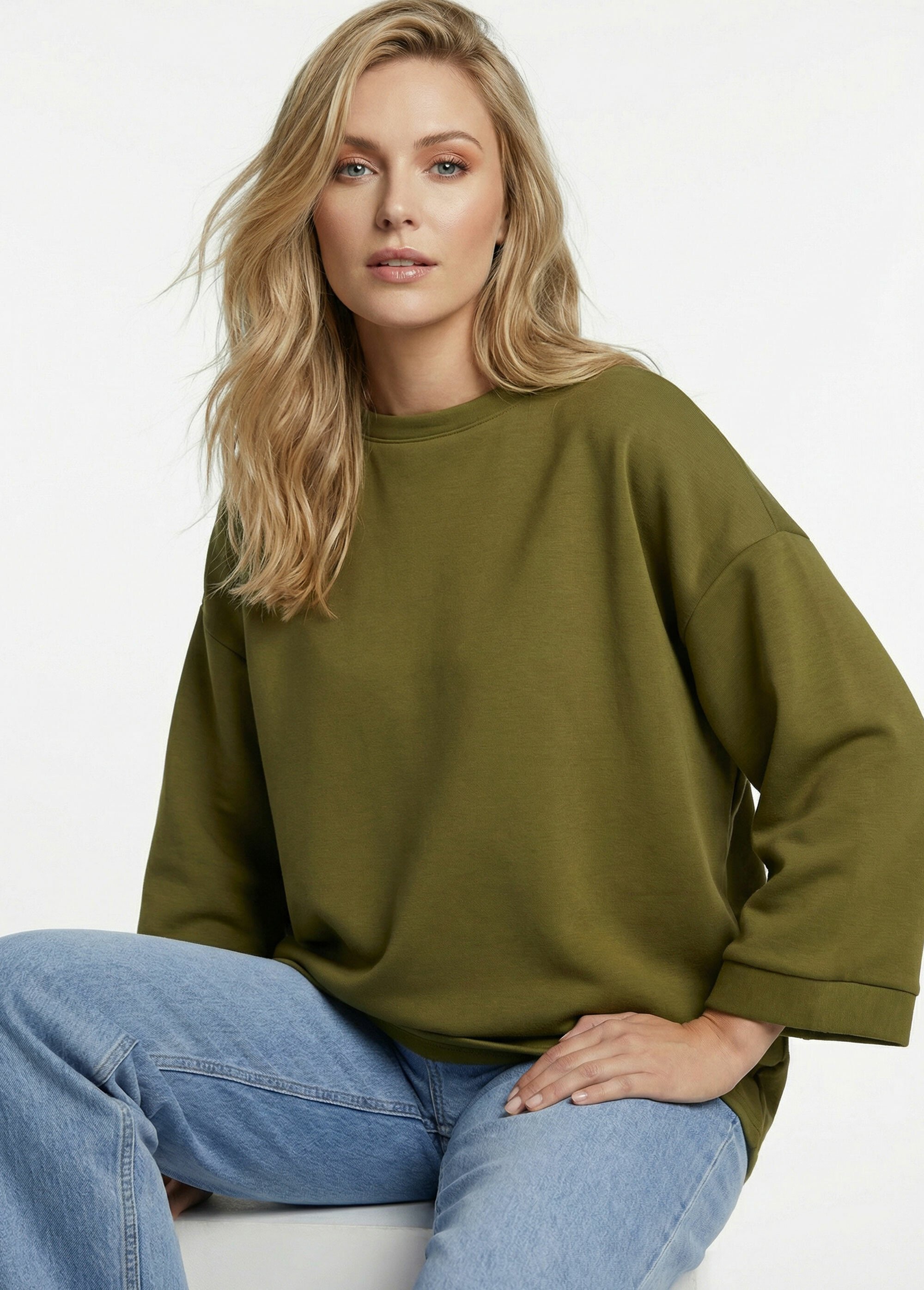 Sweat shirt large col rond, manches 3/4 VERT OLIVE MQ-M9071 MV1