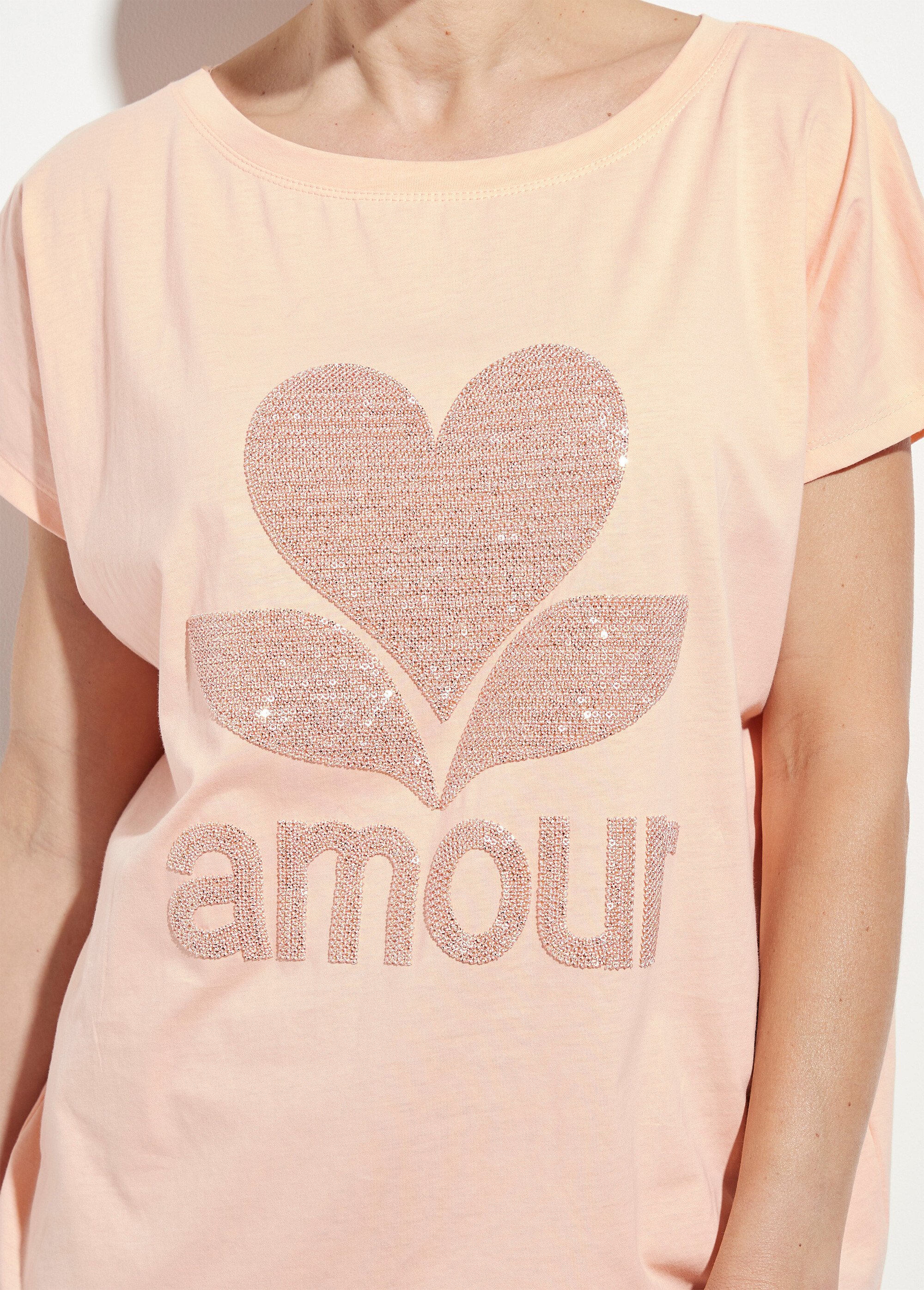 T-shirt col rond motif pailleté Amour Femme Orange MC-3819Y DE1