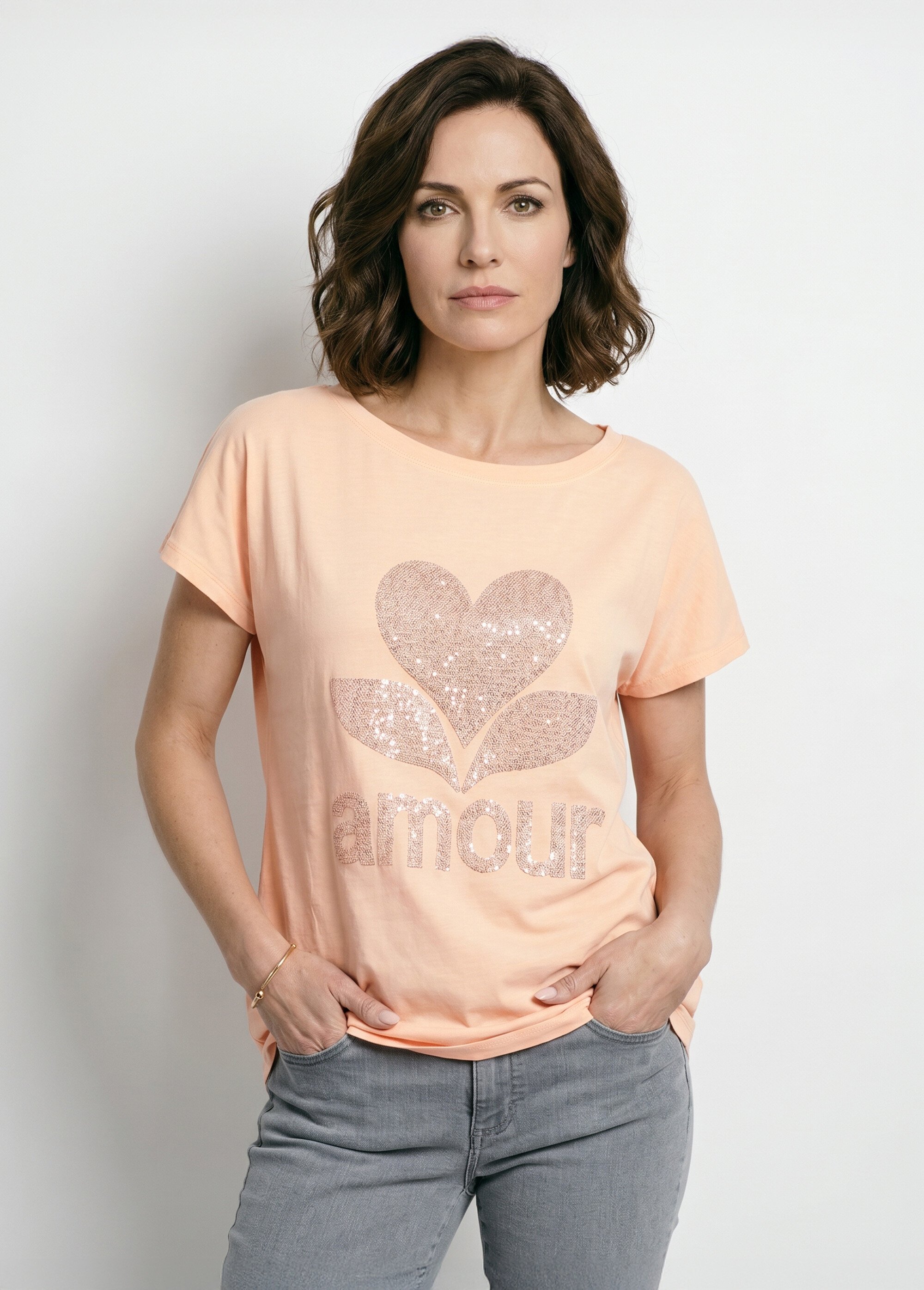 T-shirt col rond motif pailleté Amour Femme Orange MC-3819Y FA1