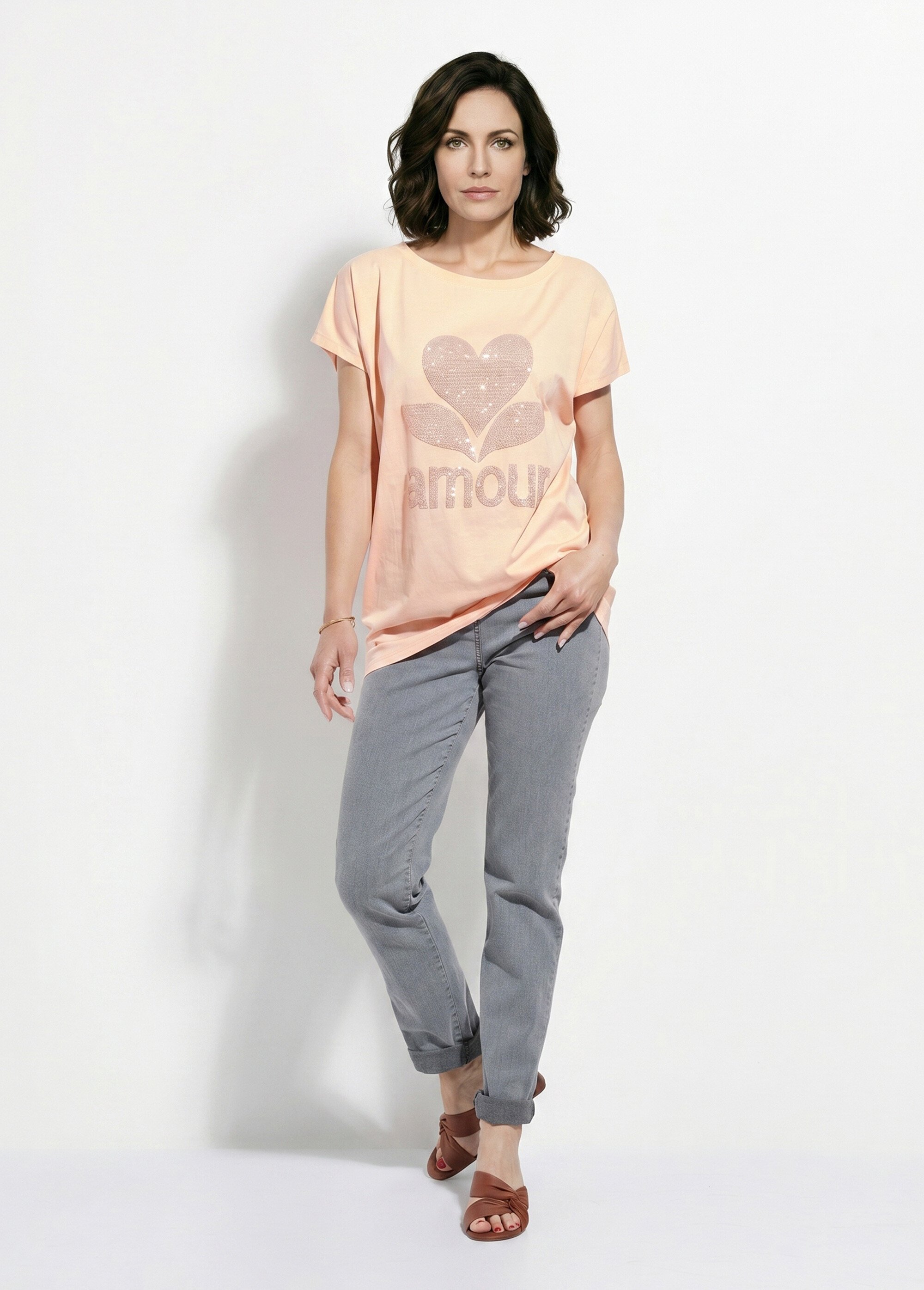 T-shirt col rond motif pailleté Amour Femme Orange MC-3819Y SI1