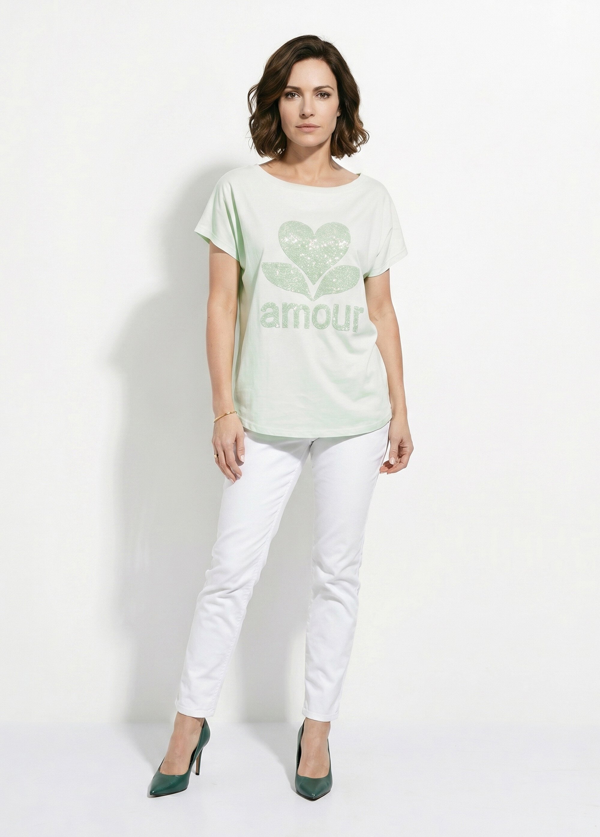T-shirt col rond motif pailleté Amour Femme Vert MC-3819Y SI1