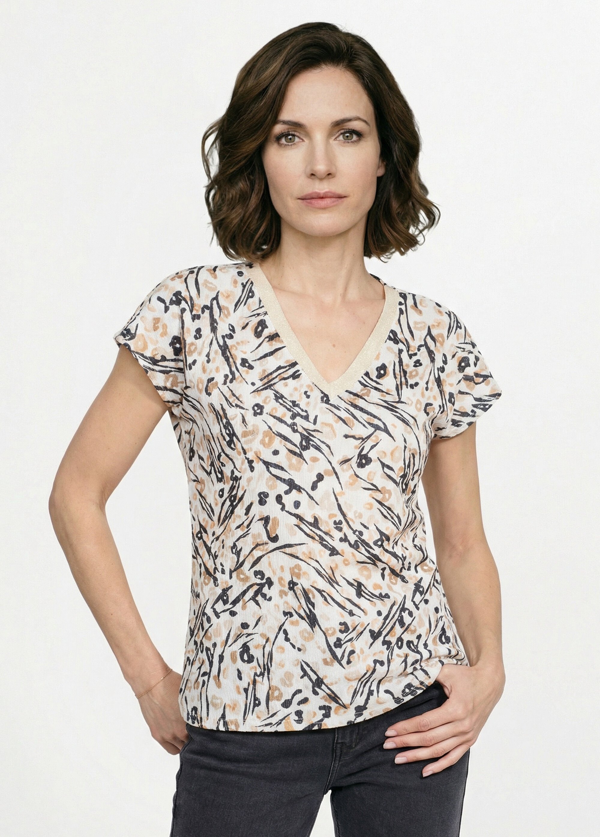 T-shirt maille gaufrée manches kimono Femme ECRU ET NOIR CROMEX FA1