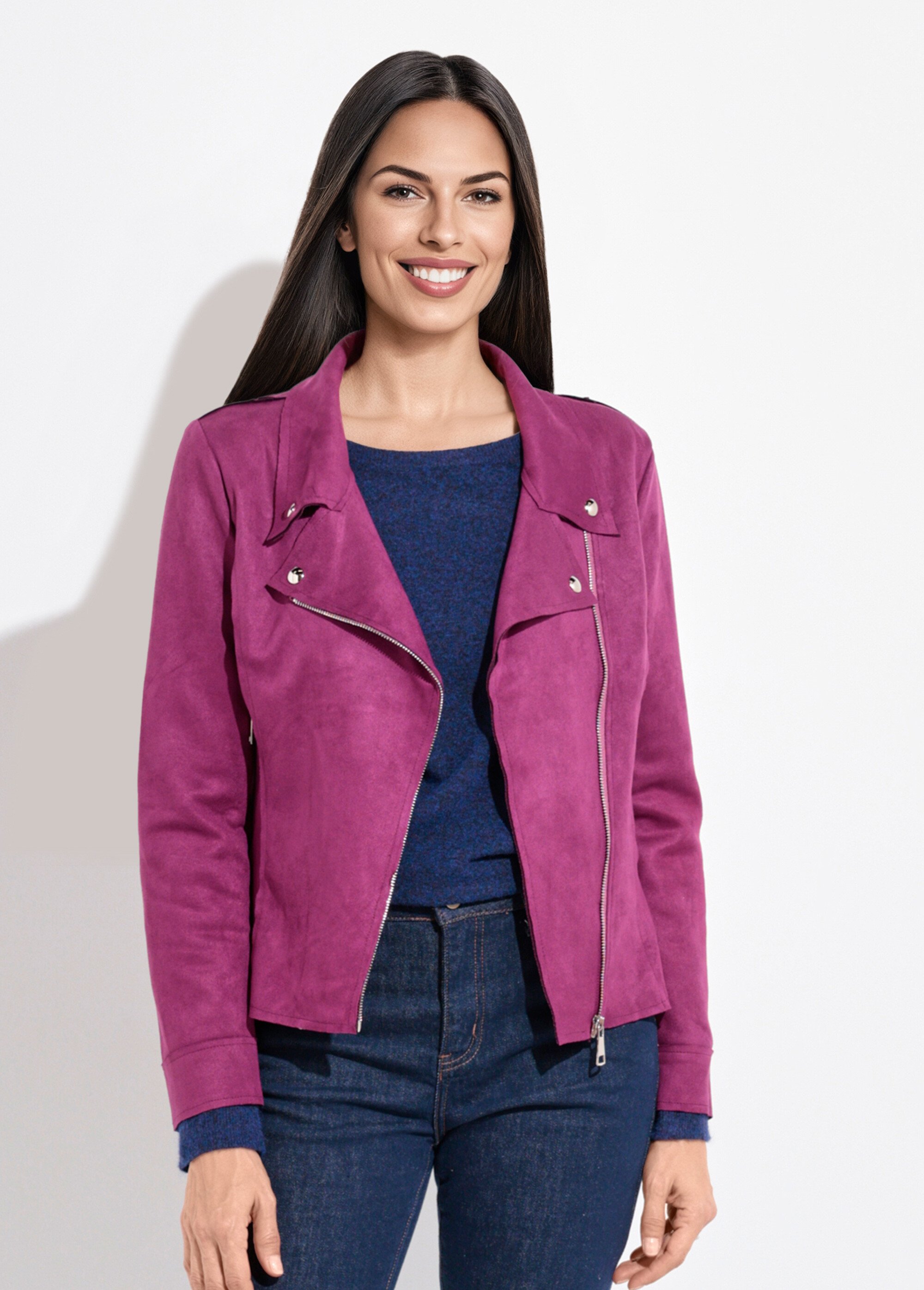 Veste zippée style motard en suédine Femme Violet JLF-3346 FA1