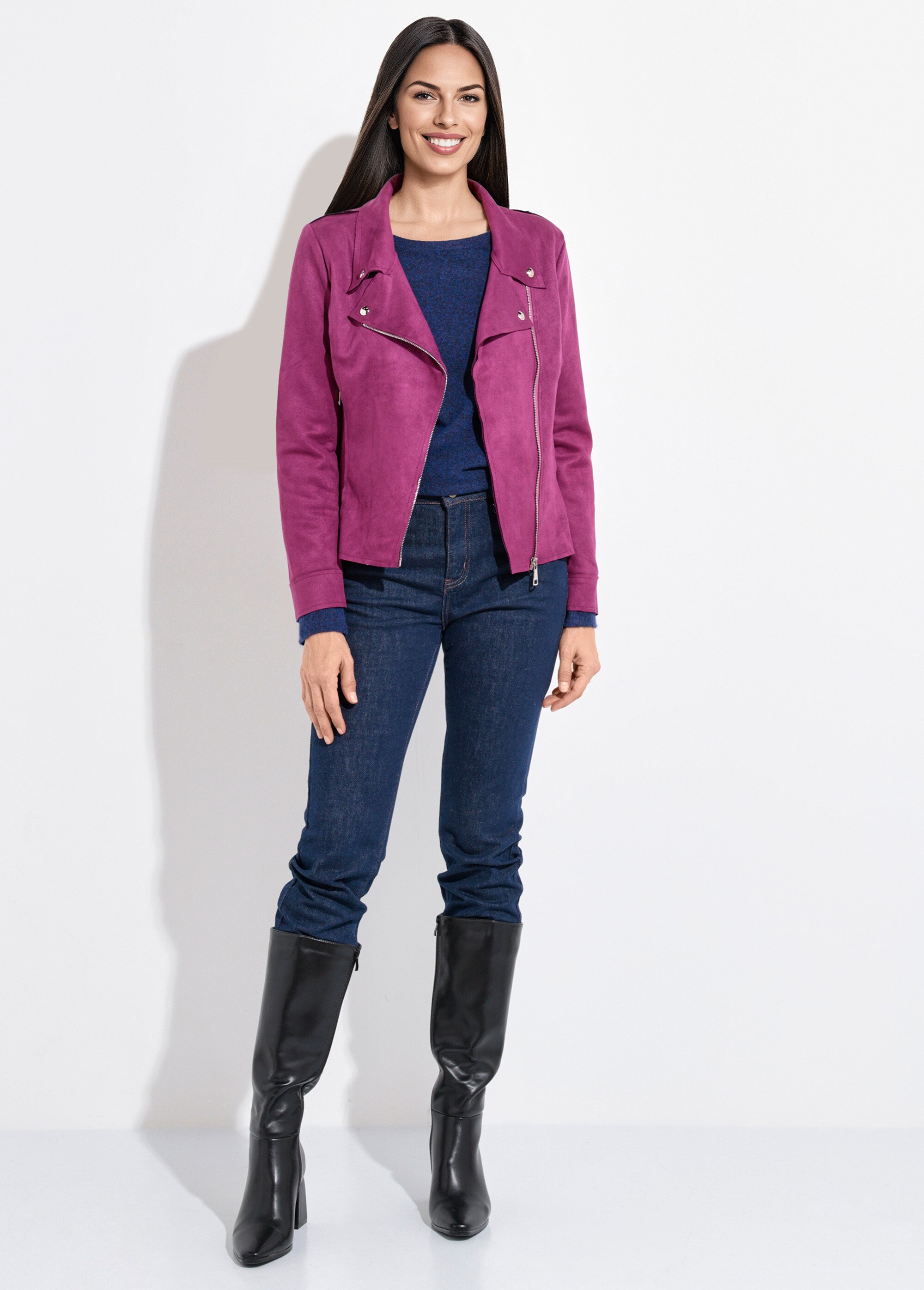Veste zippée style motard en suédine Femme Violet JLF-3346 SF1