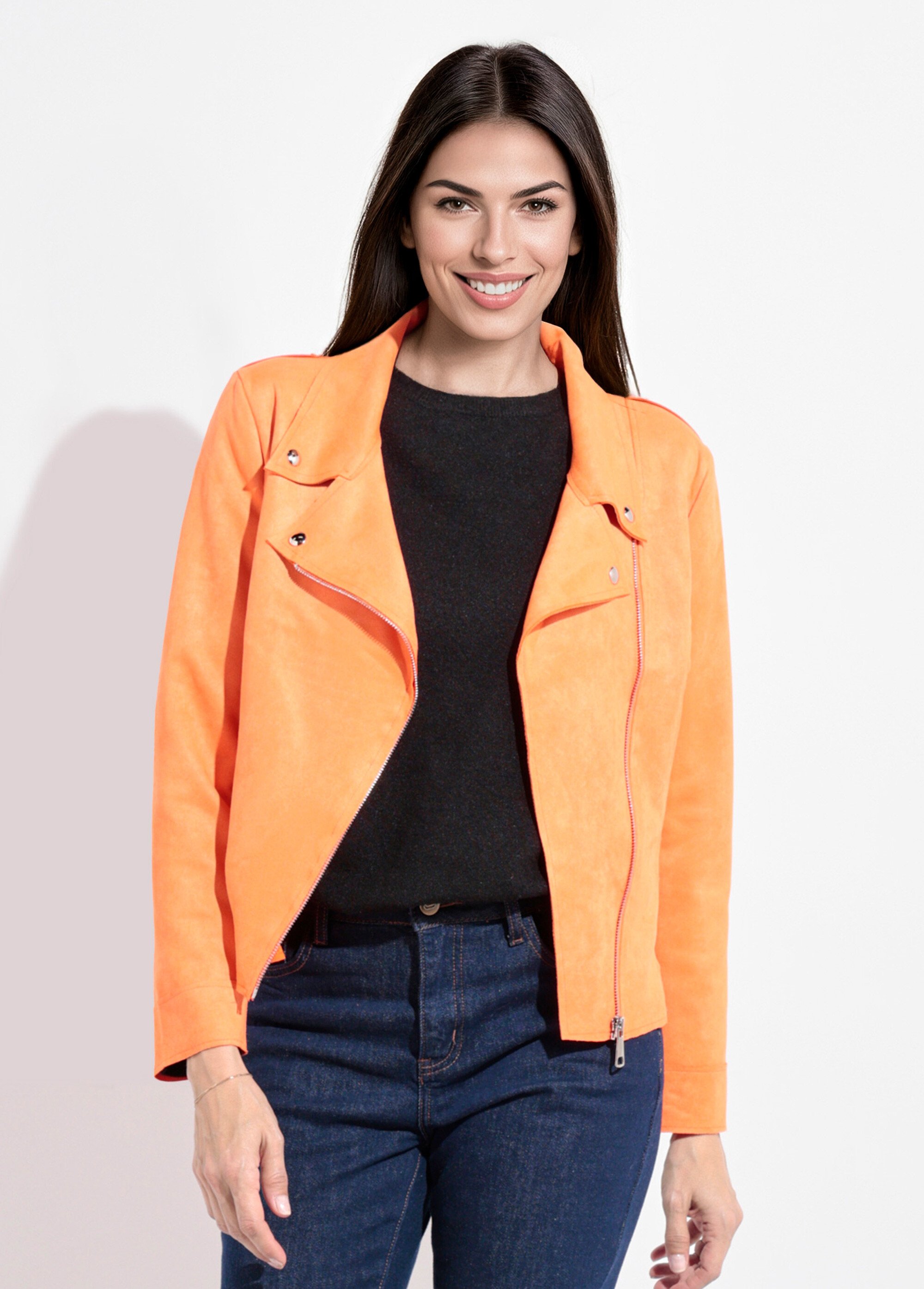 Veste zippée style motard en suédine Femme Orange JLF-3346 FA1