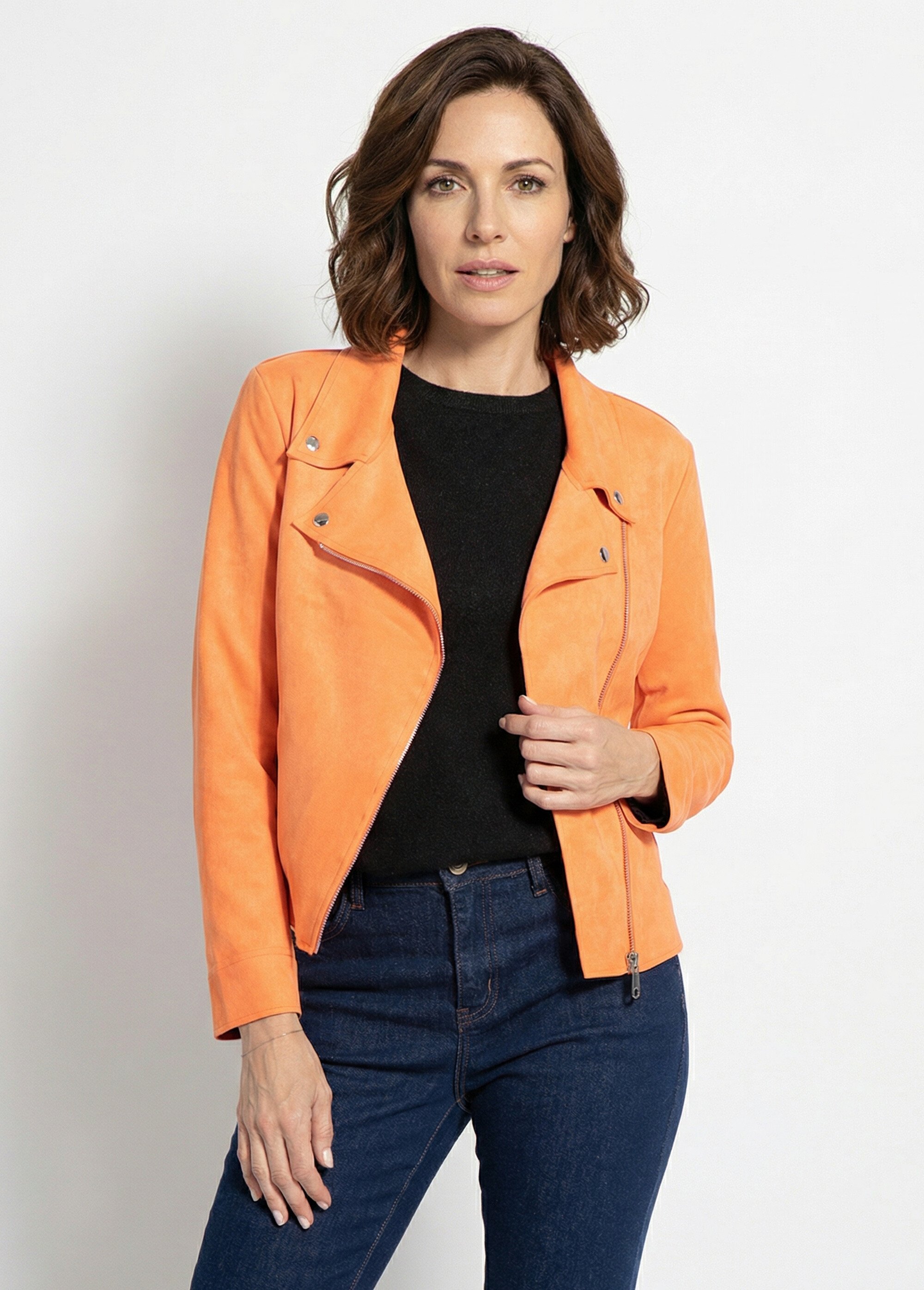 Veste zippée style motard en suédine Femme Orange JLF-3346 FA1