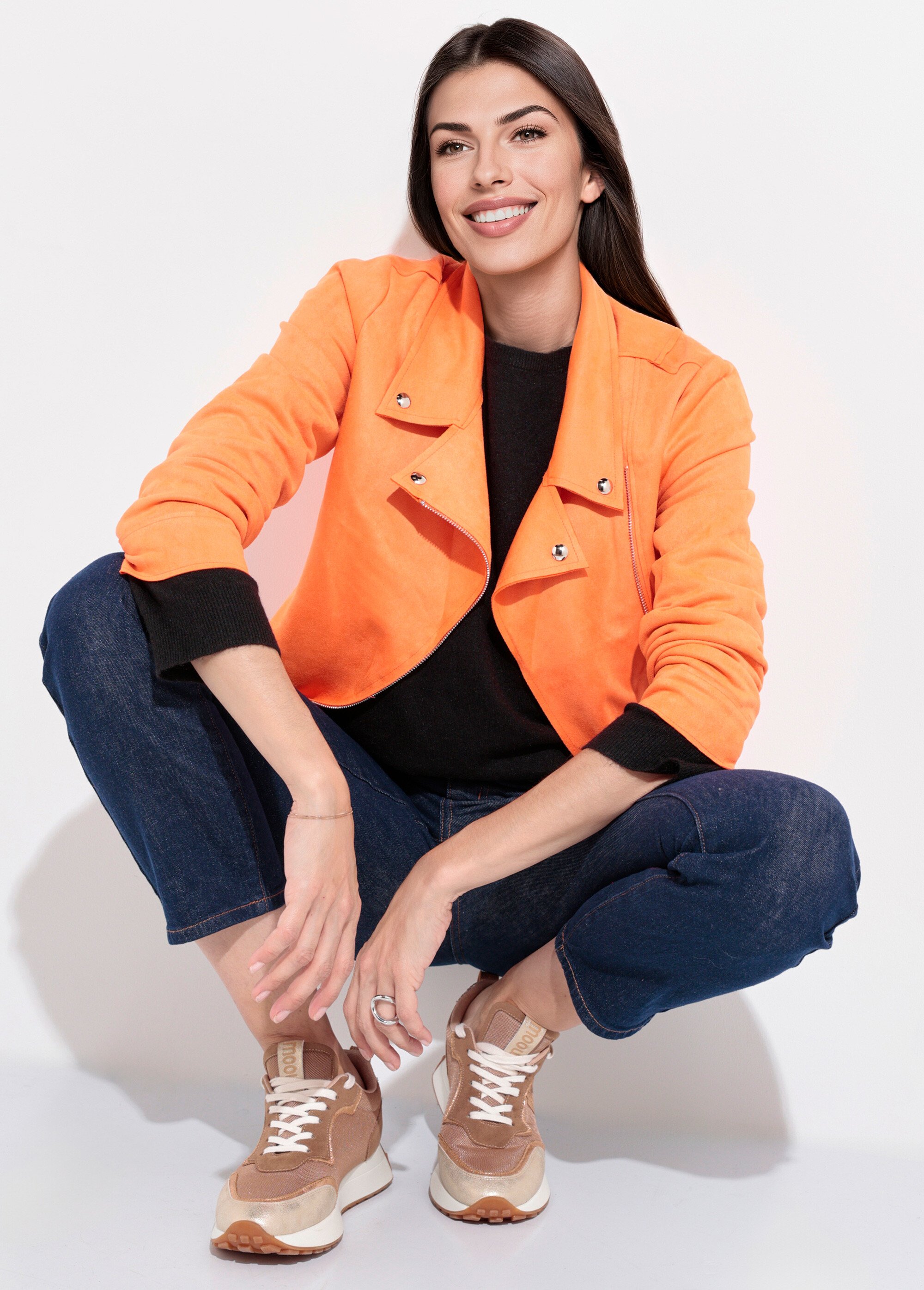 Veste zippée style motard en suédine Femme Orange JLF-3346 MV1