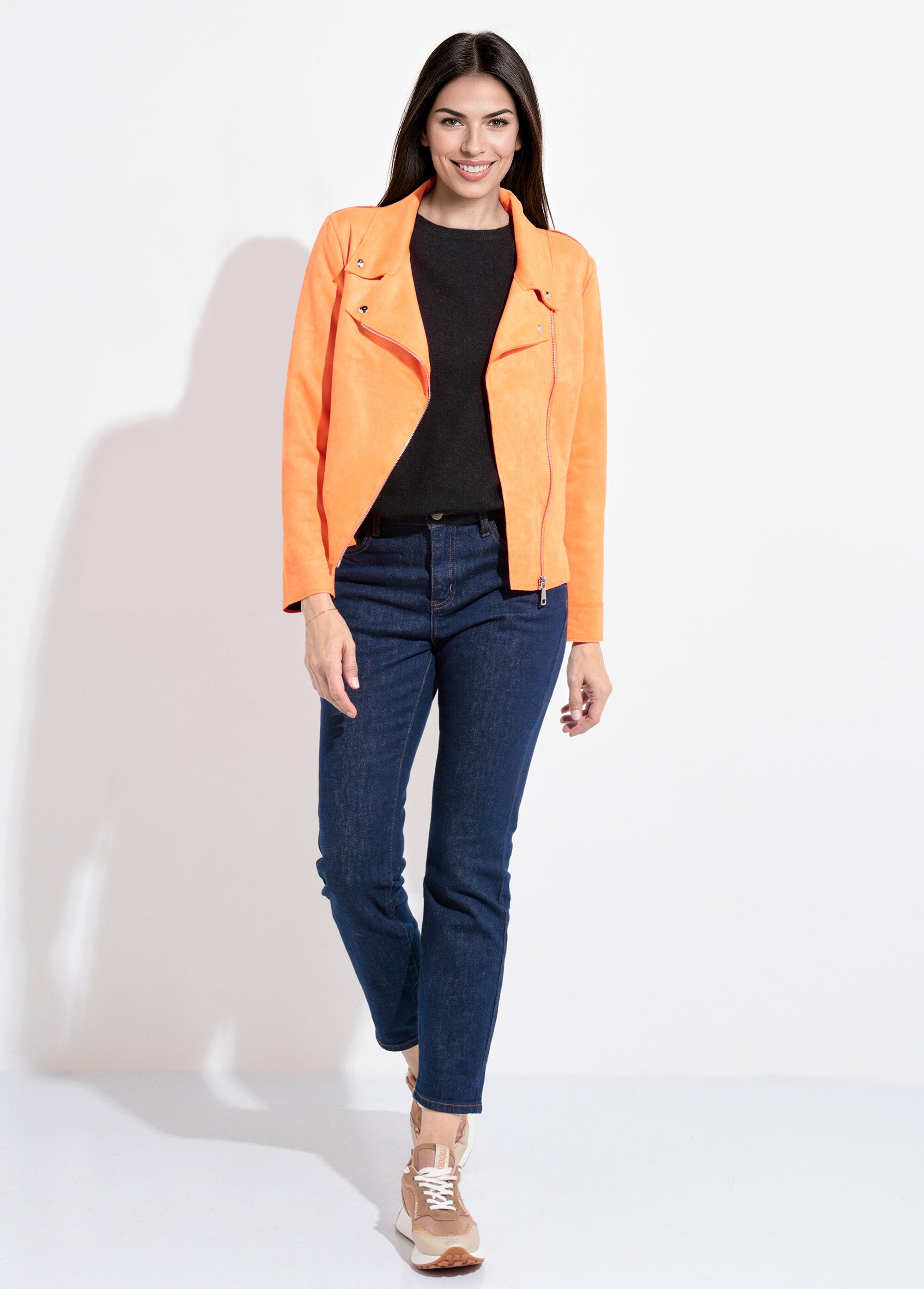 Veste zippée style motard en suédine Femme Orange JLF-3346 SF1