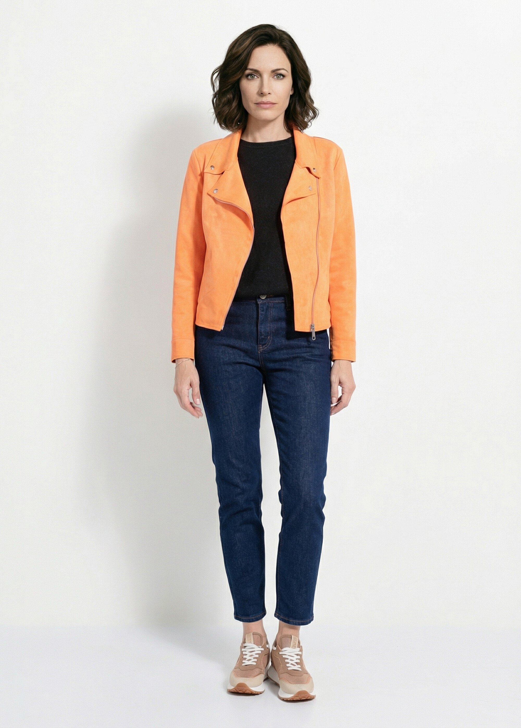 Veste zippée style motard en suédine Femme Orange JLF-3346 SI1