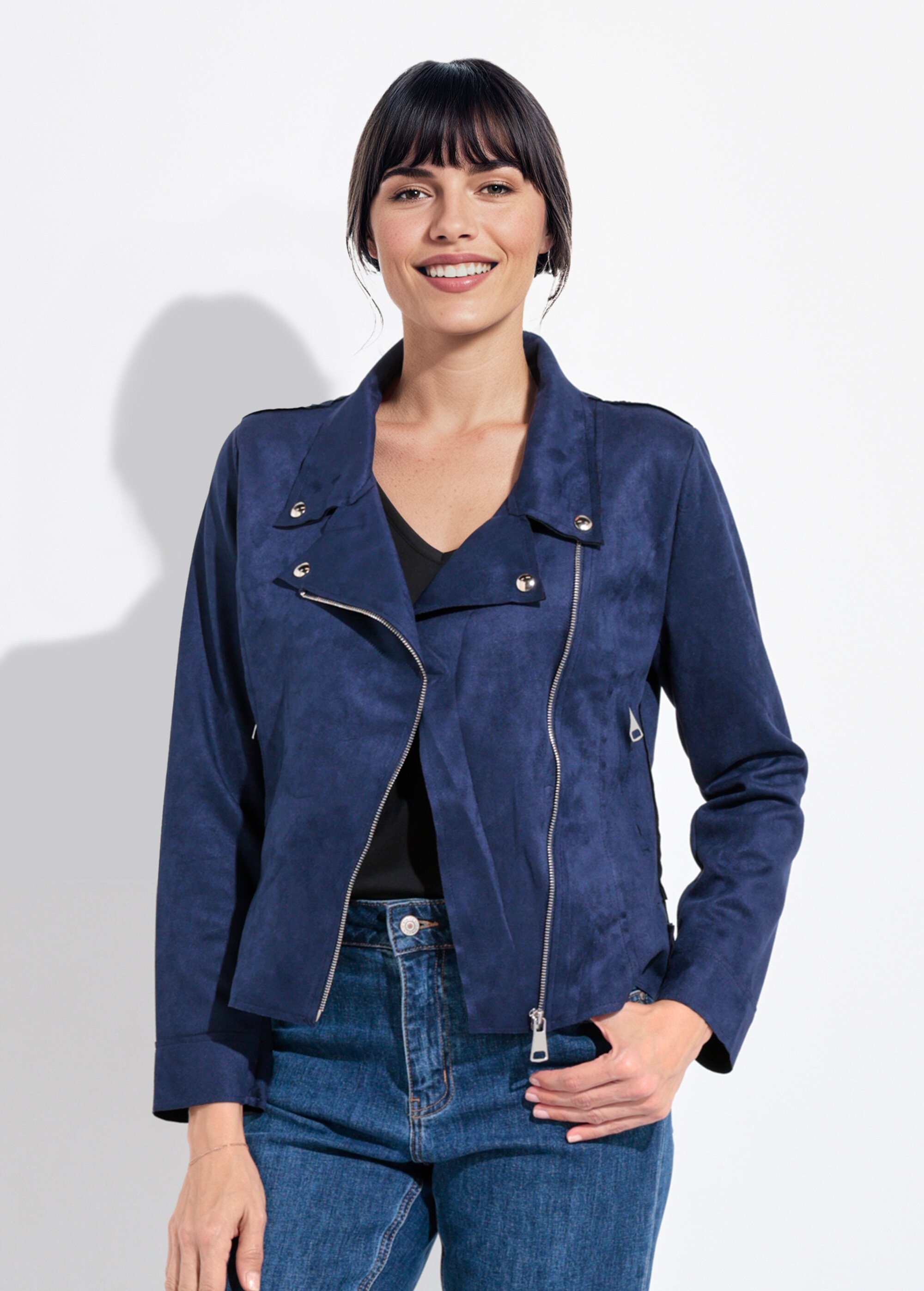 Veste zippée style motard en suédine Femme Bleu JLF-3346 FA1