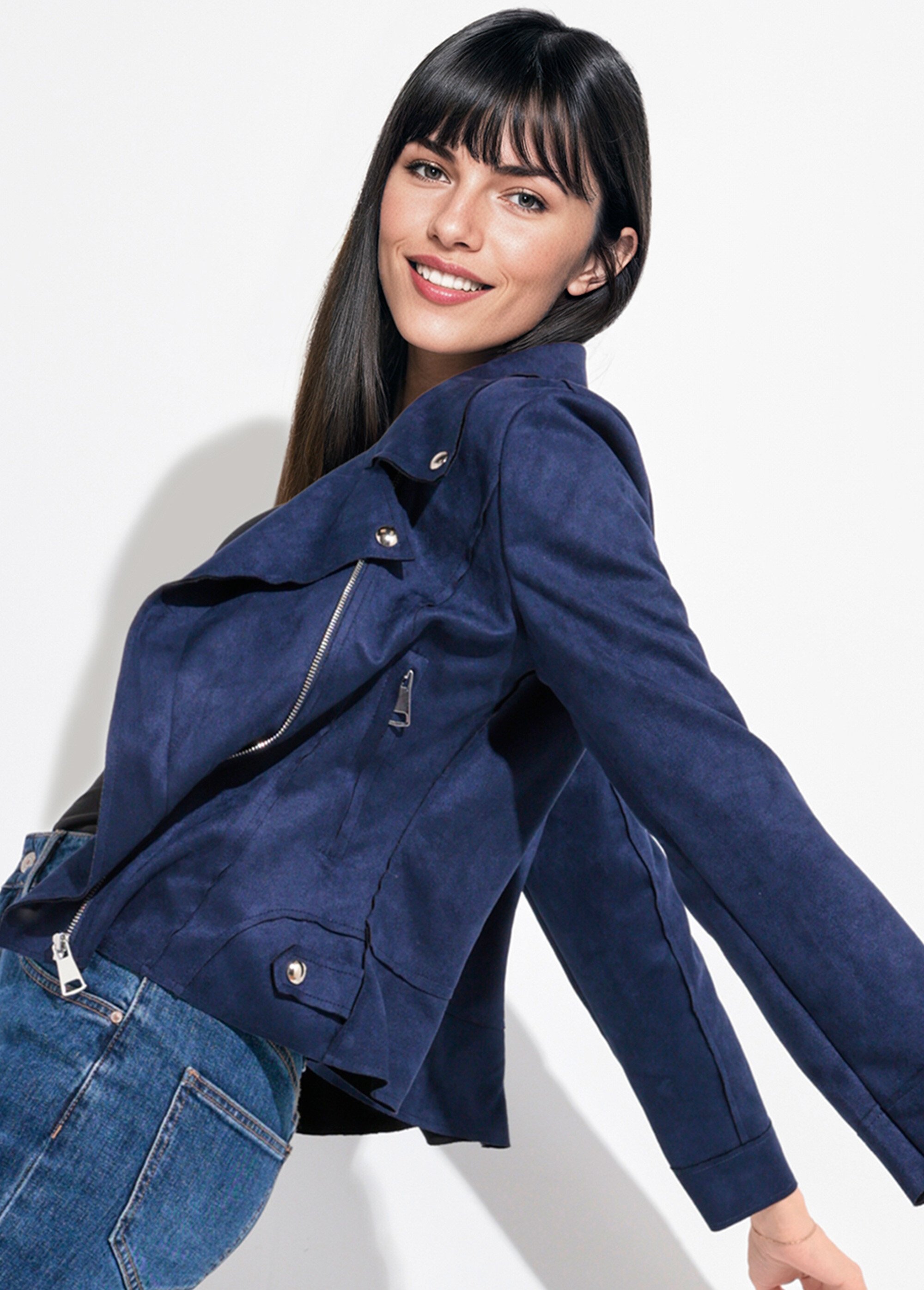 Veste zippée style motard en suédine Femme Bleu JLF-3346 MV1