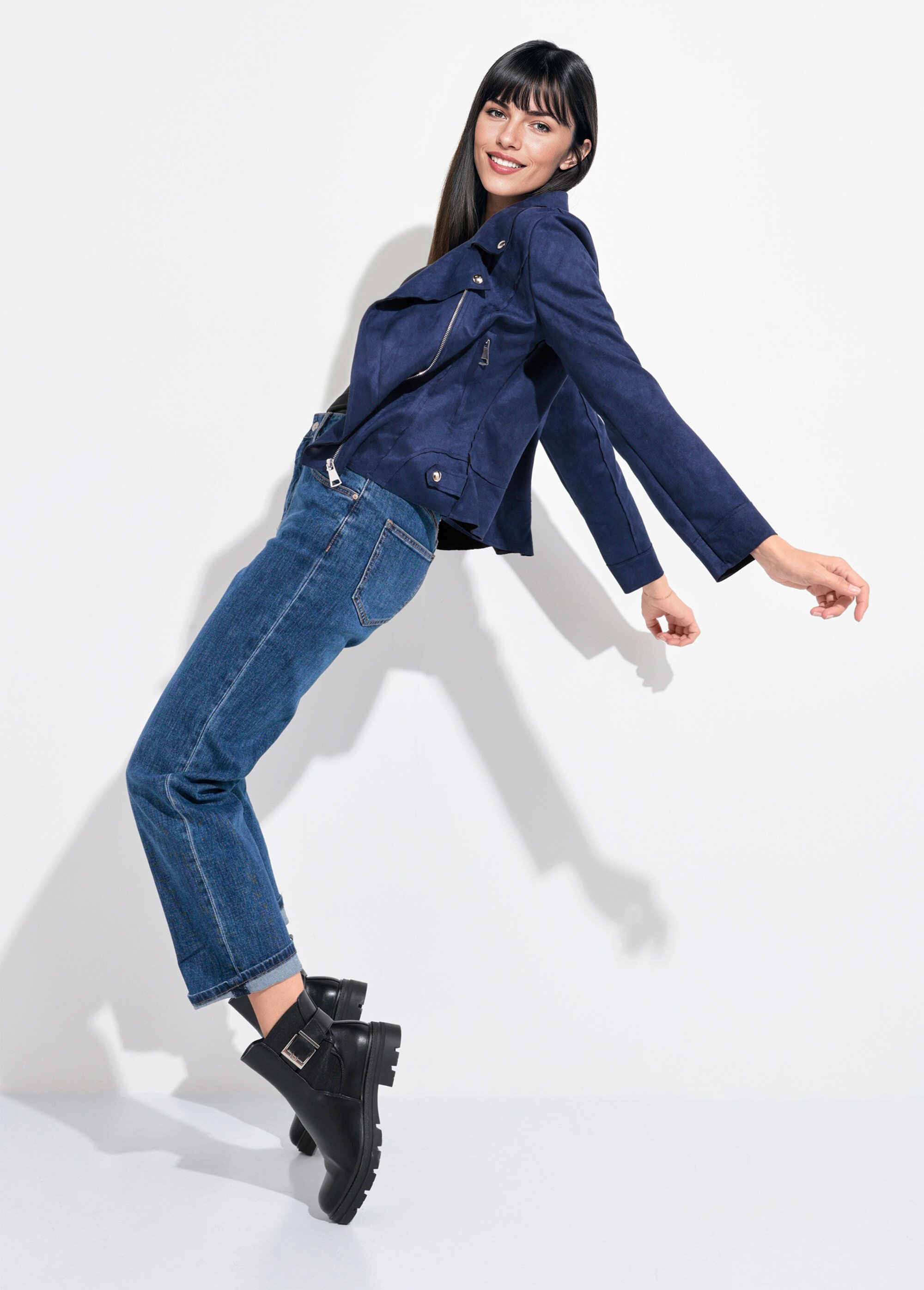 Veste zippée style motard en suédine Femme Bleu JLF-3346 SI1