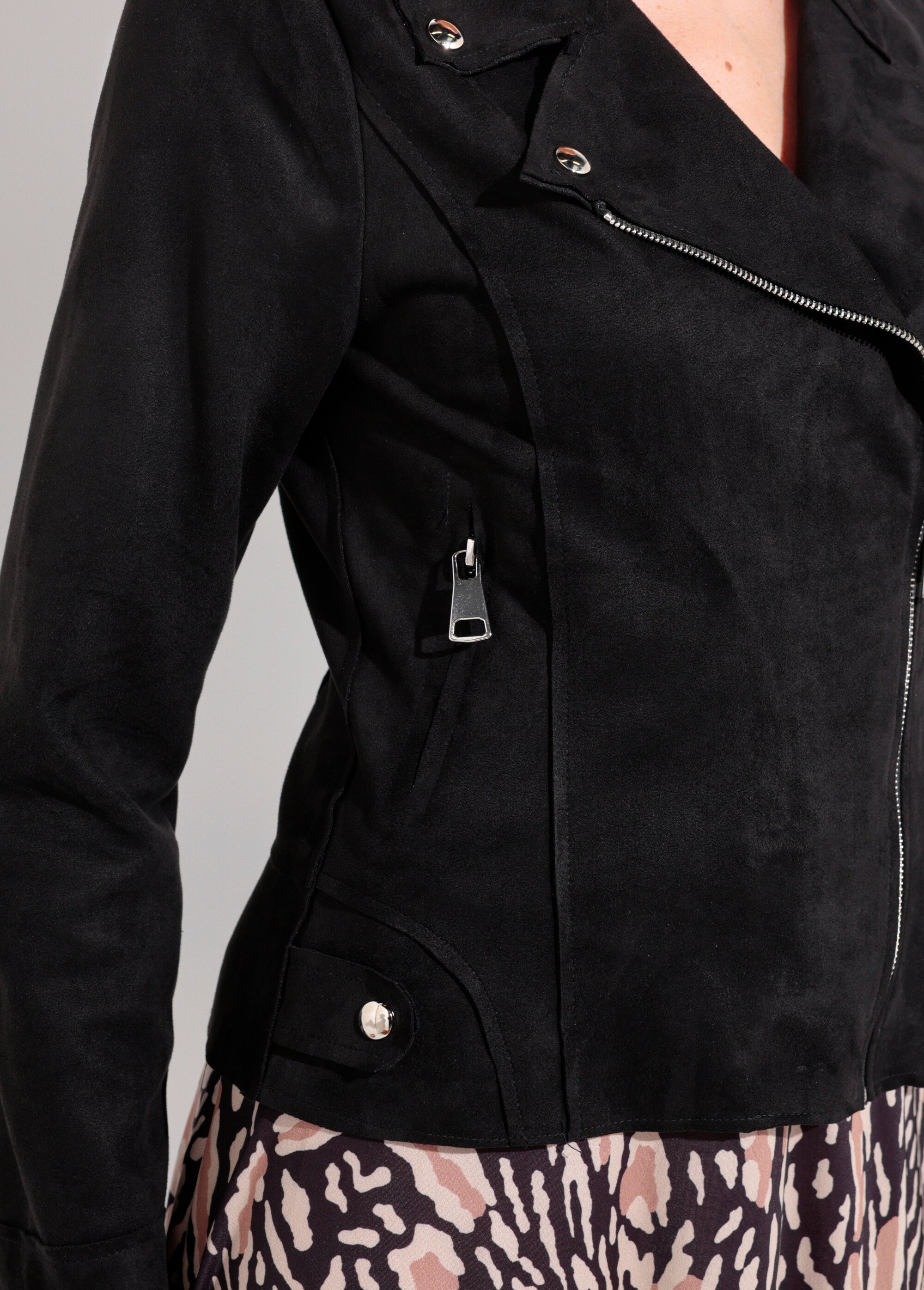 Veste zippée style motard en suédine Femme Noir JLF-3346 DE2