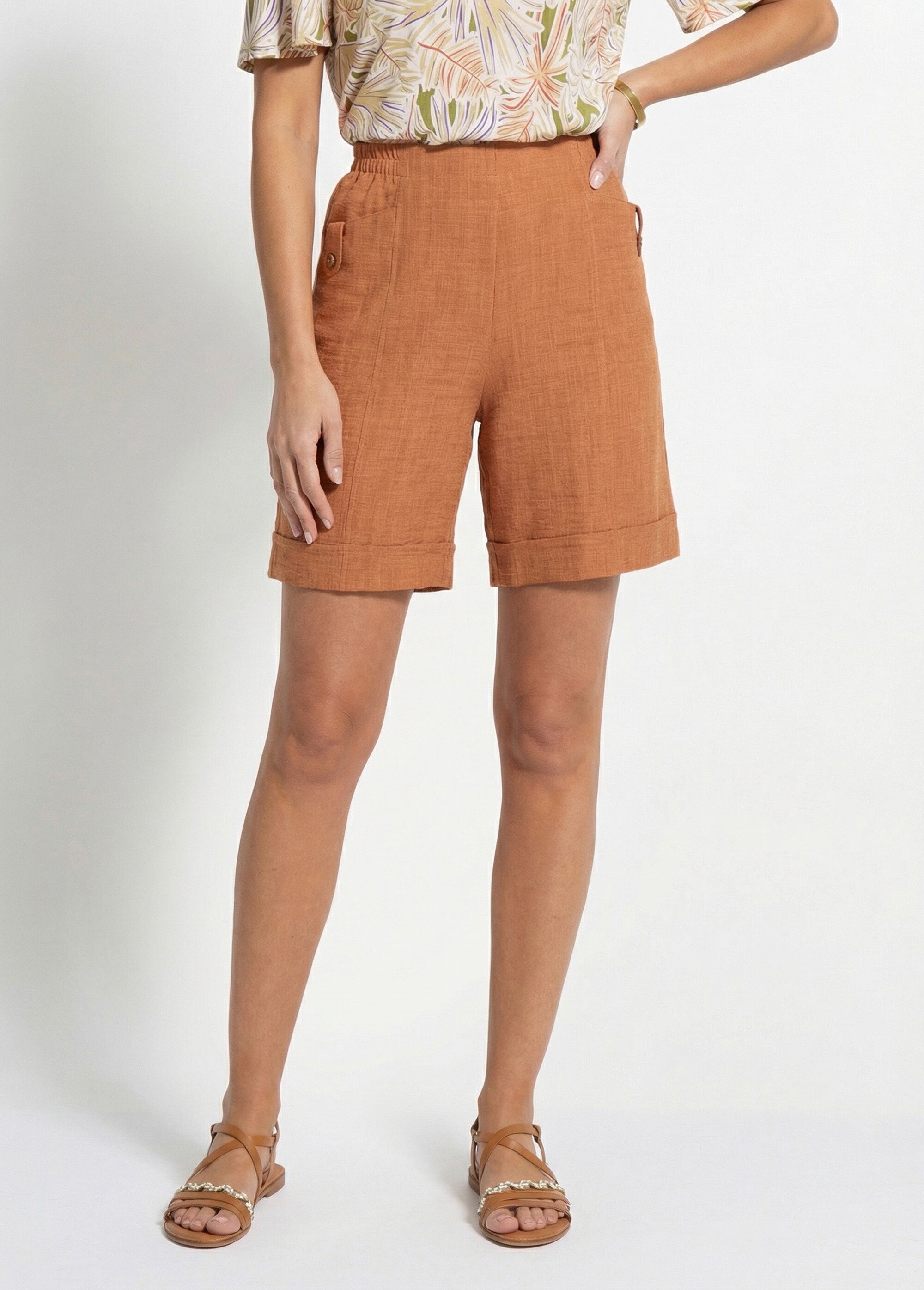 Bermuda tissu gaufré uni taille 3/4 élastiquée Femme Marron NOLISSE FA1