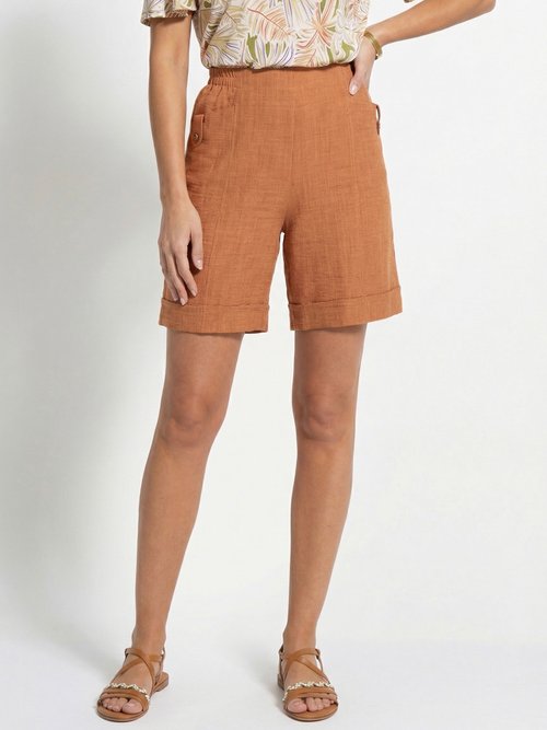 Bermuda tissu gaufré uni taille 3/4 élastiquée Femme Marron NOLISSE FA1