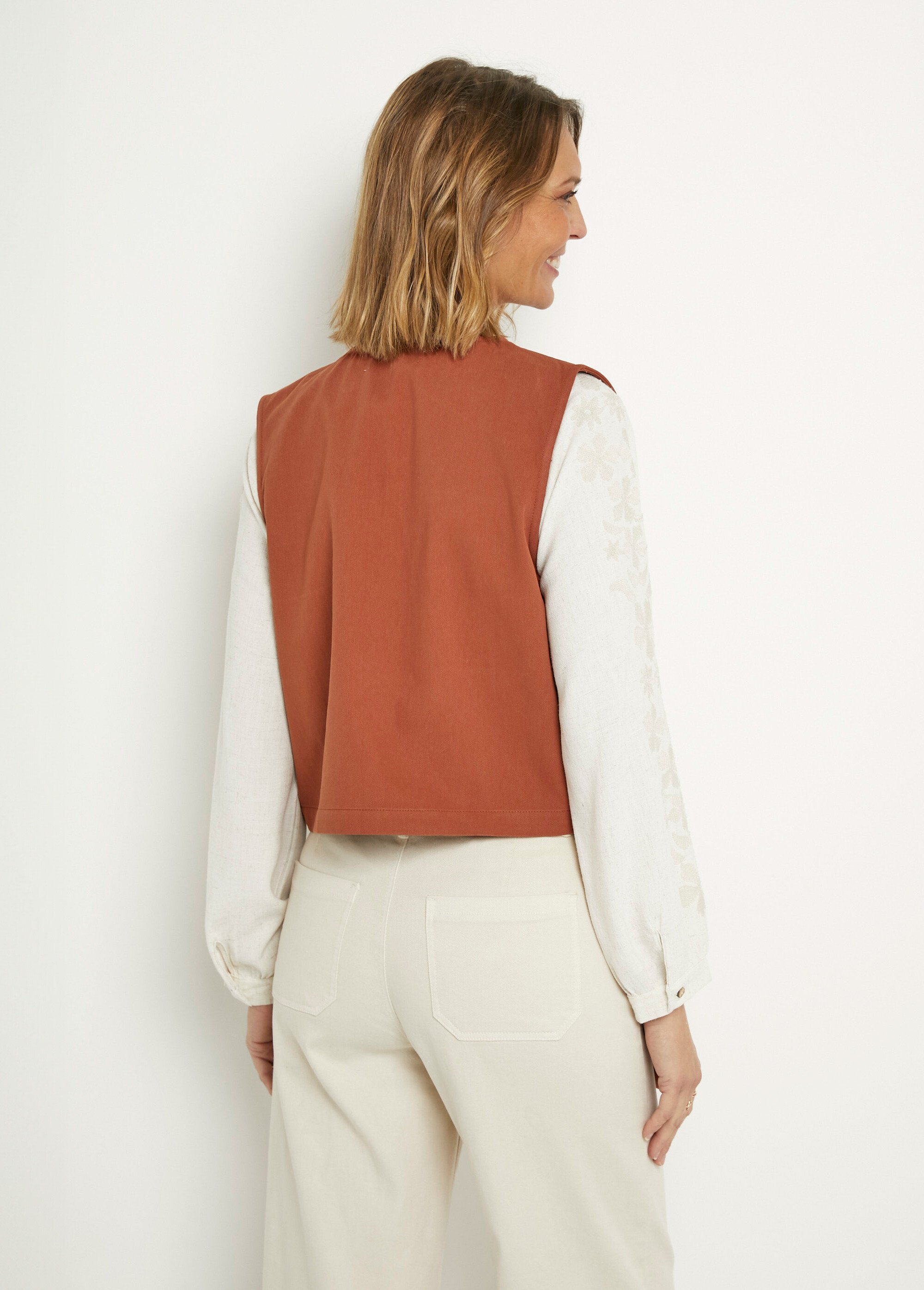 Gilet Sans Manches Girbaud T.S - Taille S, Couleur Marron En Lin, Occasion Très Bon état