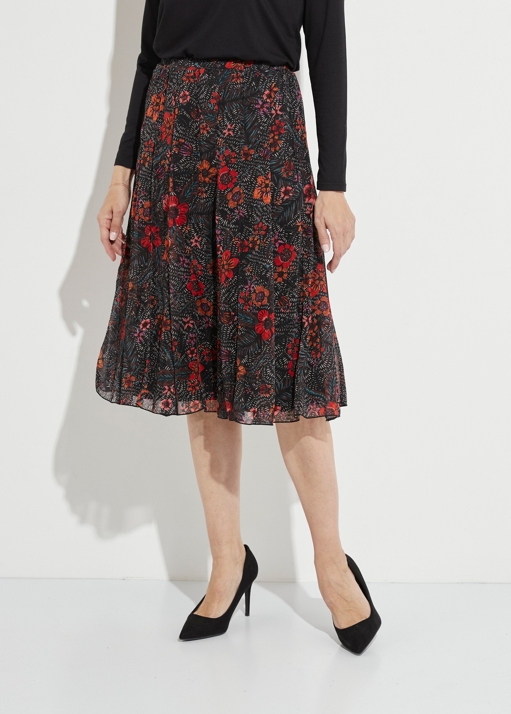 Jupe longue évasée en voile fleuri Femme Noir LAMIER FA1