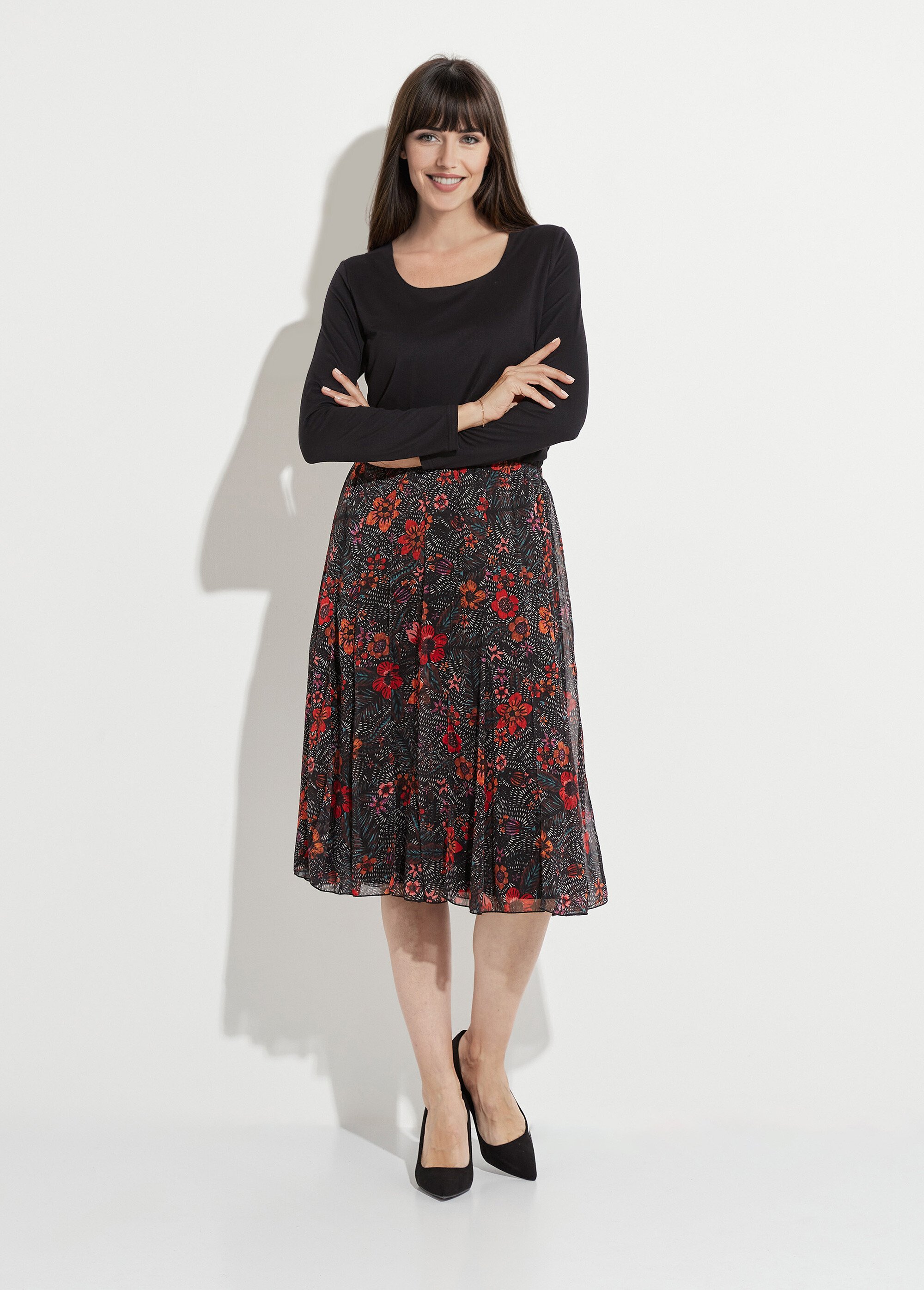 Jupe longue évasée en voile fleuri Femme Noir LAMIER SF1