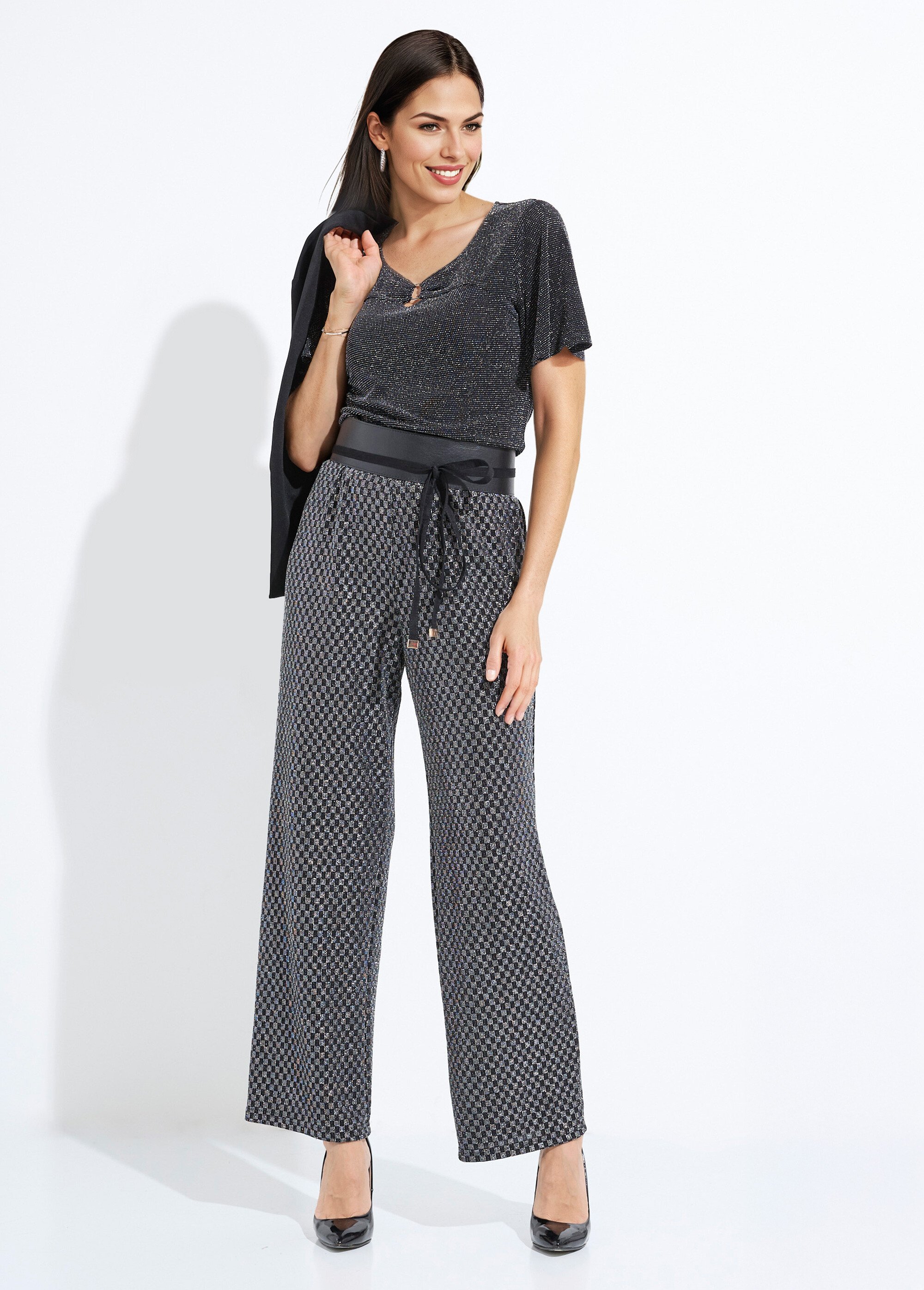 Pantalon droit taille élastiquée maille sequins Femme Noir NOLIANE MV1