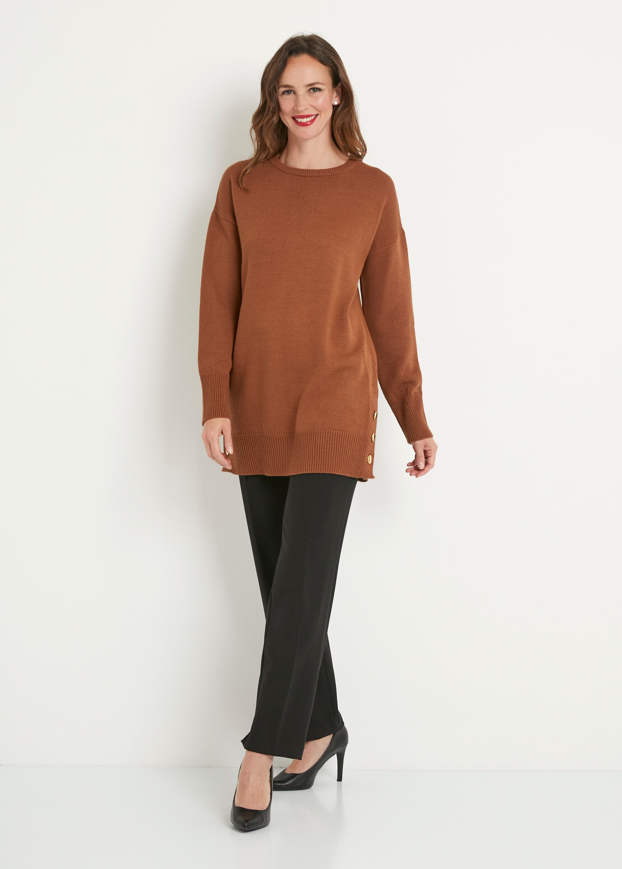 Pull tunique uni long col rond avec boutons Marron Afibel